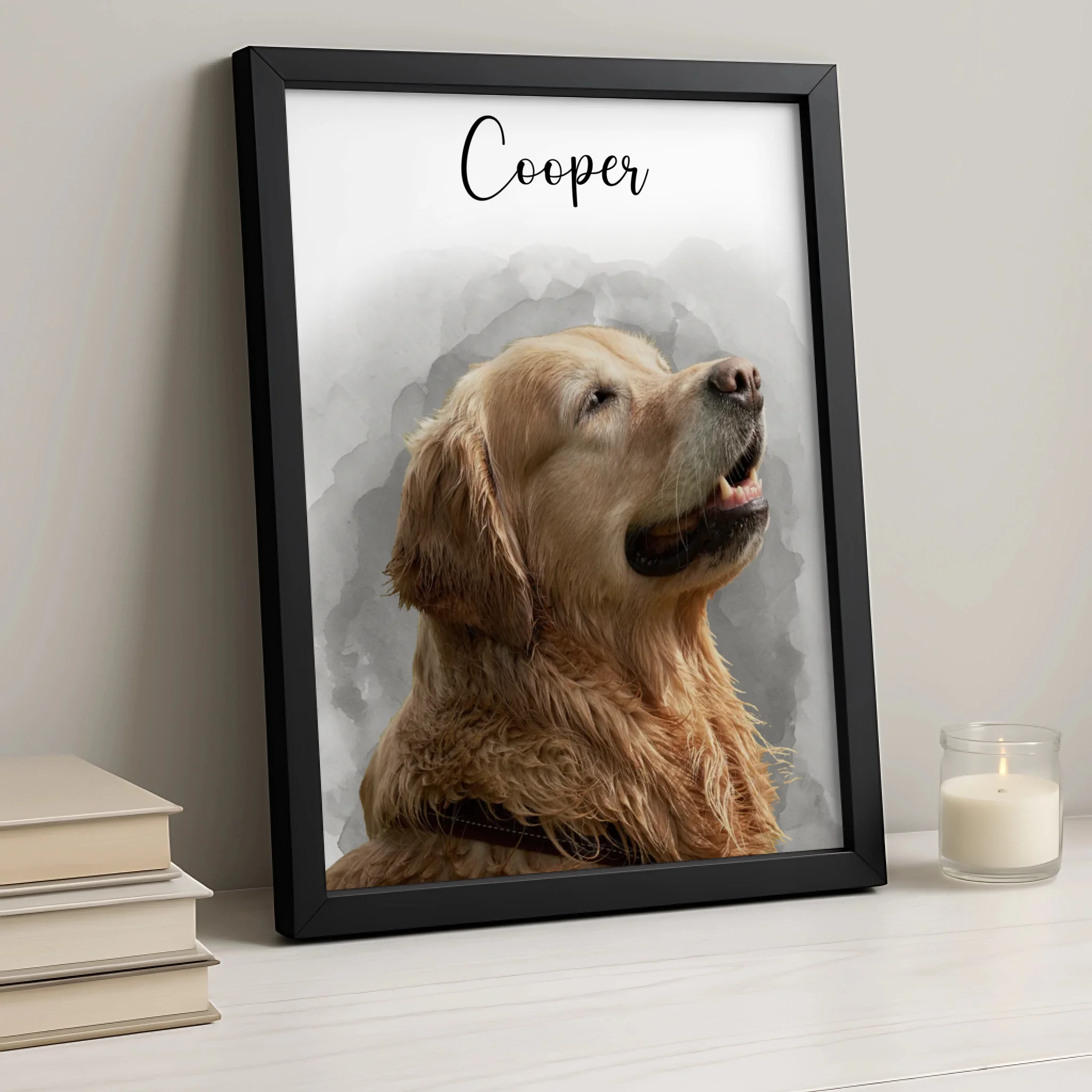Close-up of a personalised dog photo frame with watercolour background detail