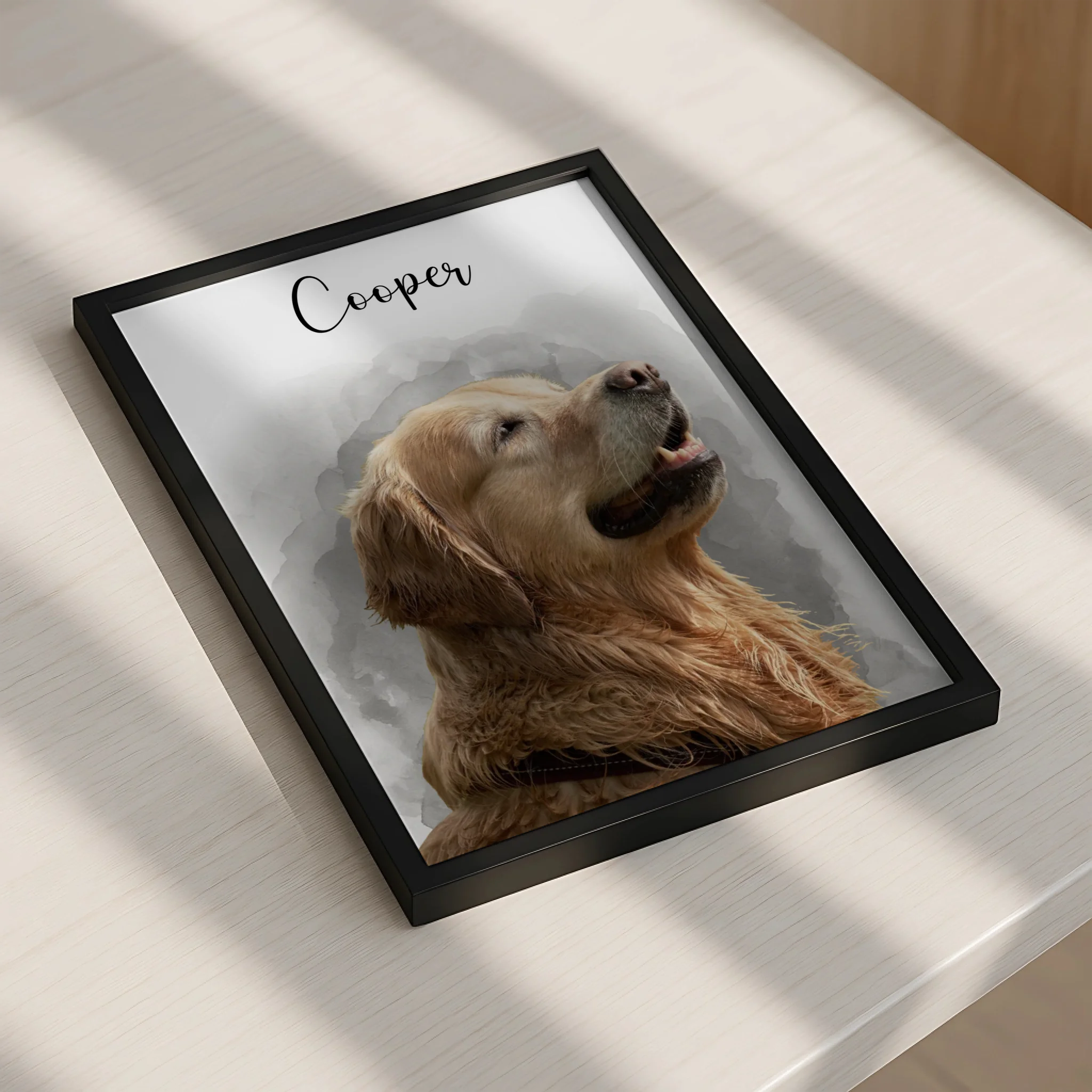 Personalised pet photo frame gift displayed on a shelf at home