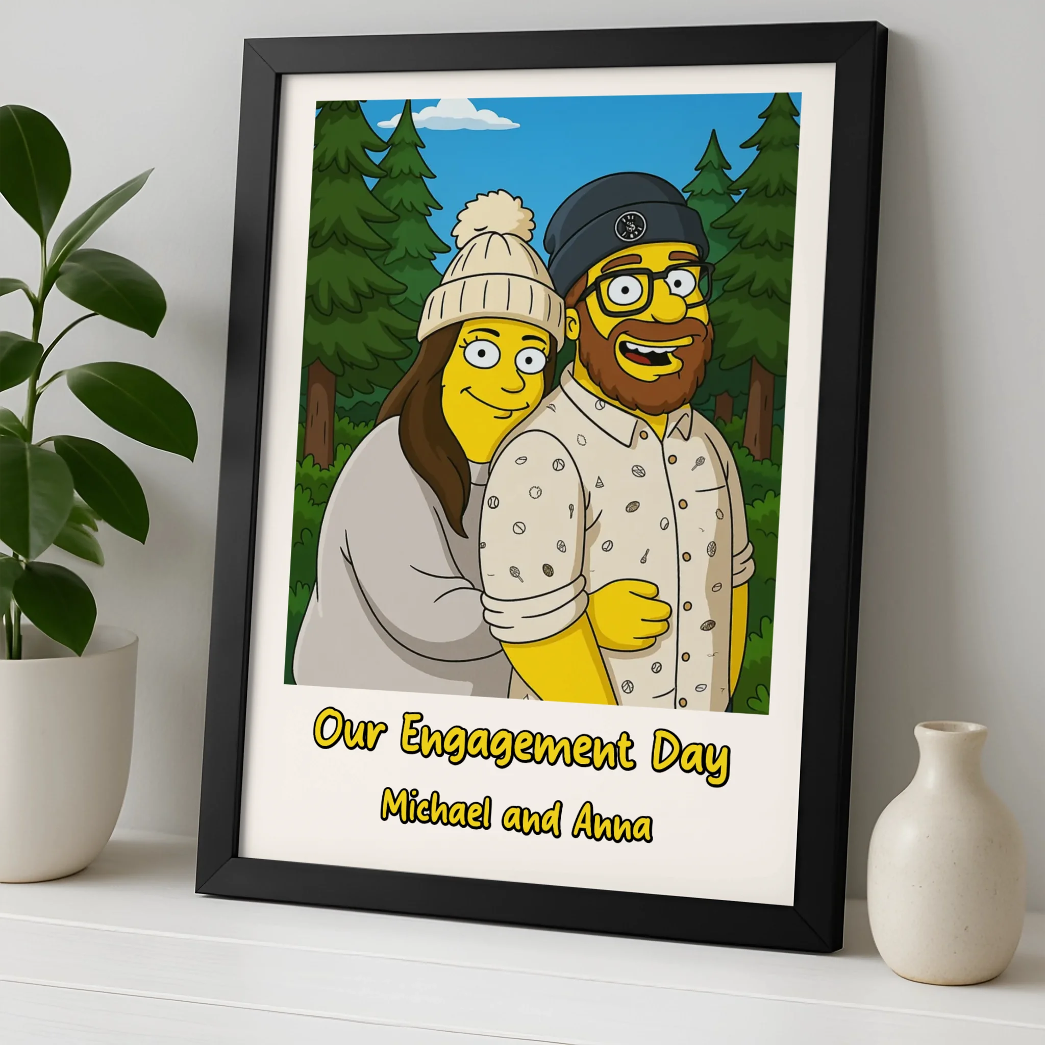 Illustrated couple print made from a photo in a personalised frame