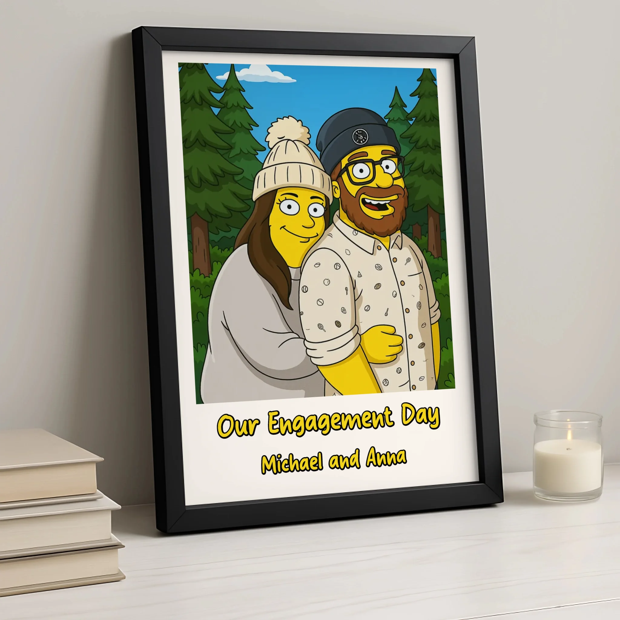 Cartoon couple portrait personalised photo frame engagement gift