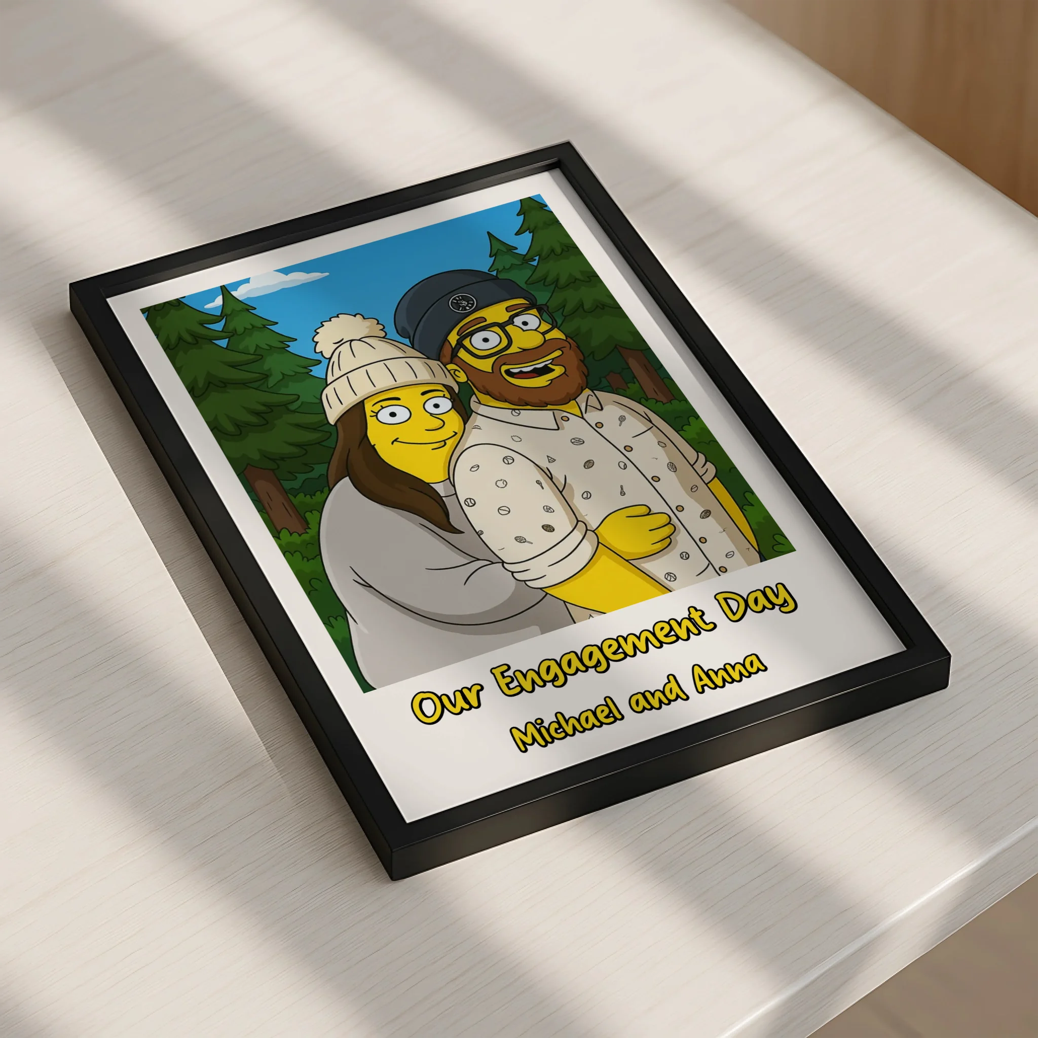 Custom illustrated couple portrait in a framed personalised wedding gift