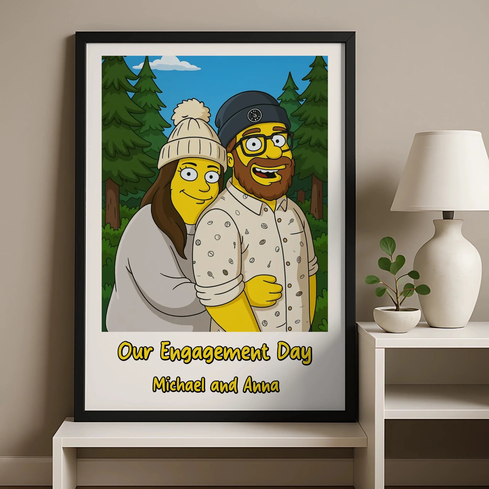 Personalised photo frame with a custom cartoon couple illustration