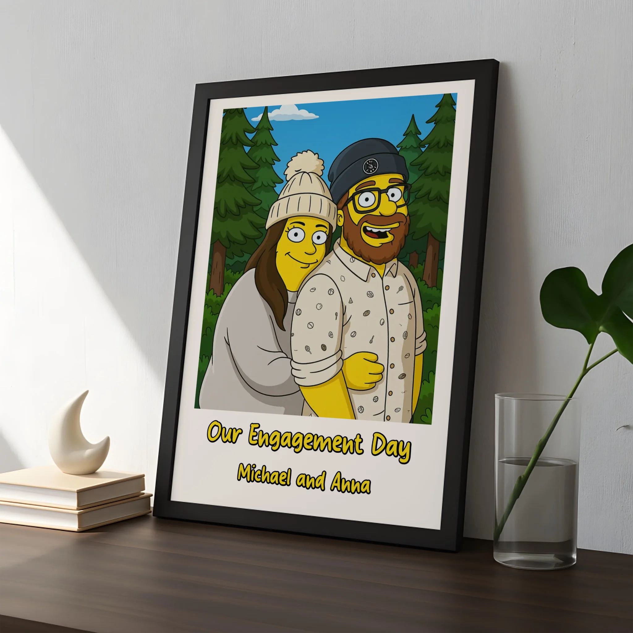 Custom cartoon couple portrait photo frame gift for engagement or anniversary