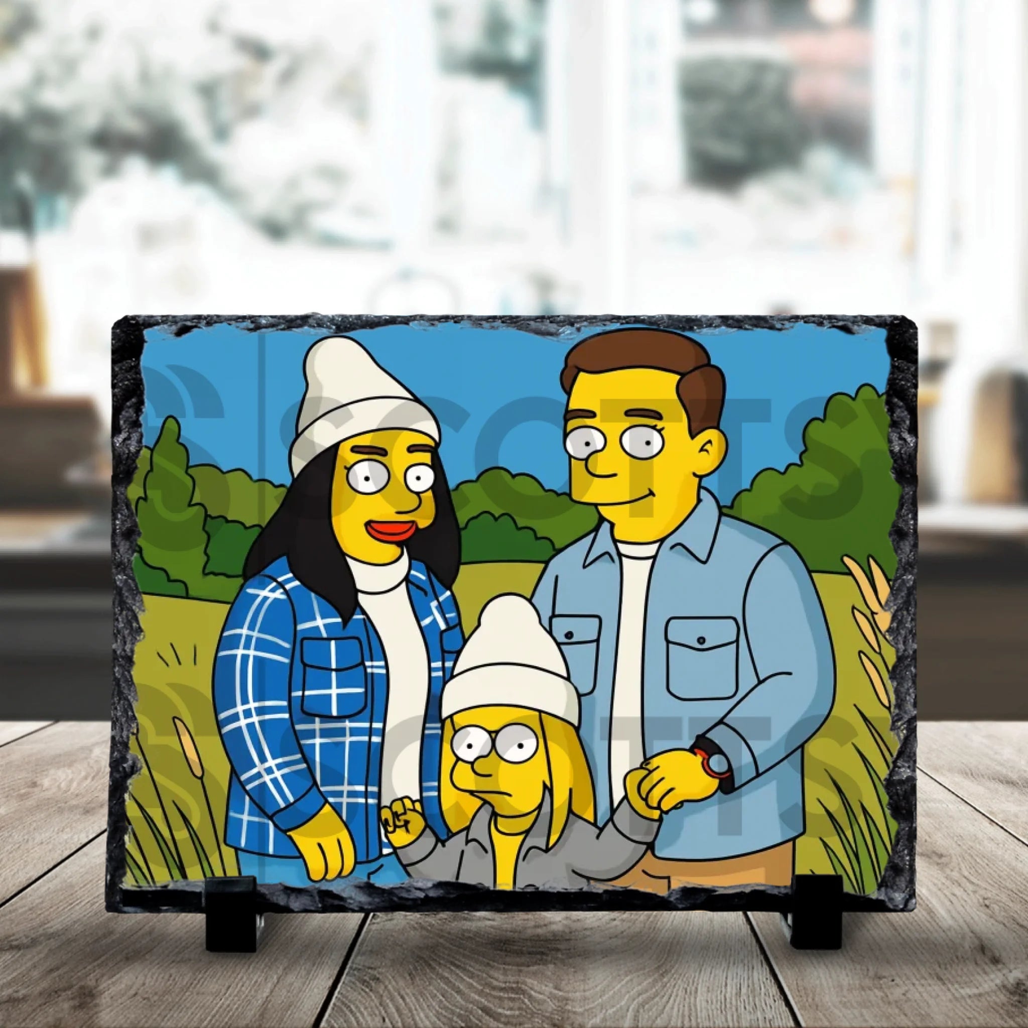 19x14cm personalised photo slate showing a custom animated cartoon-style portrait