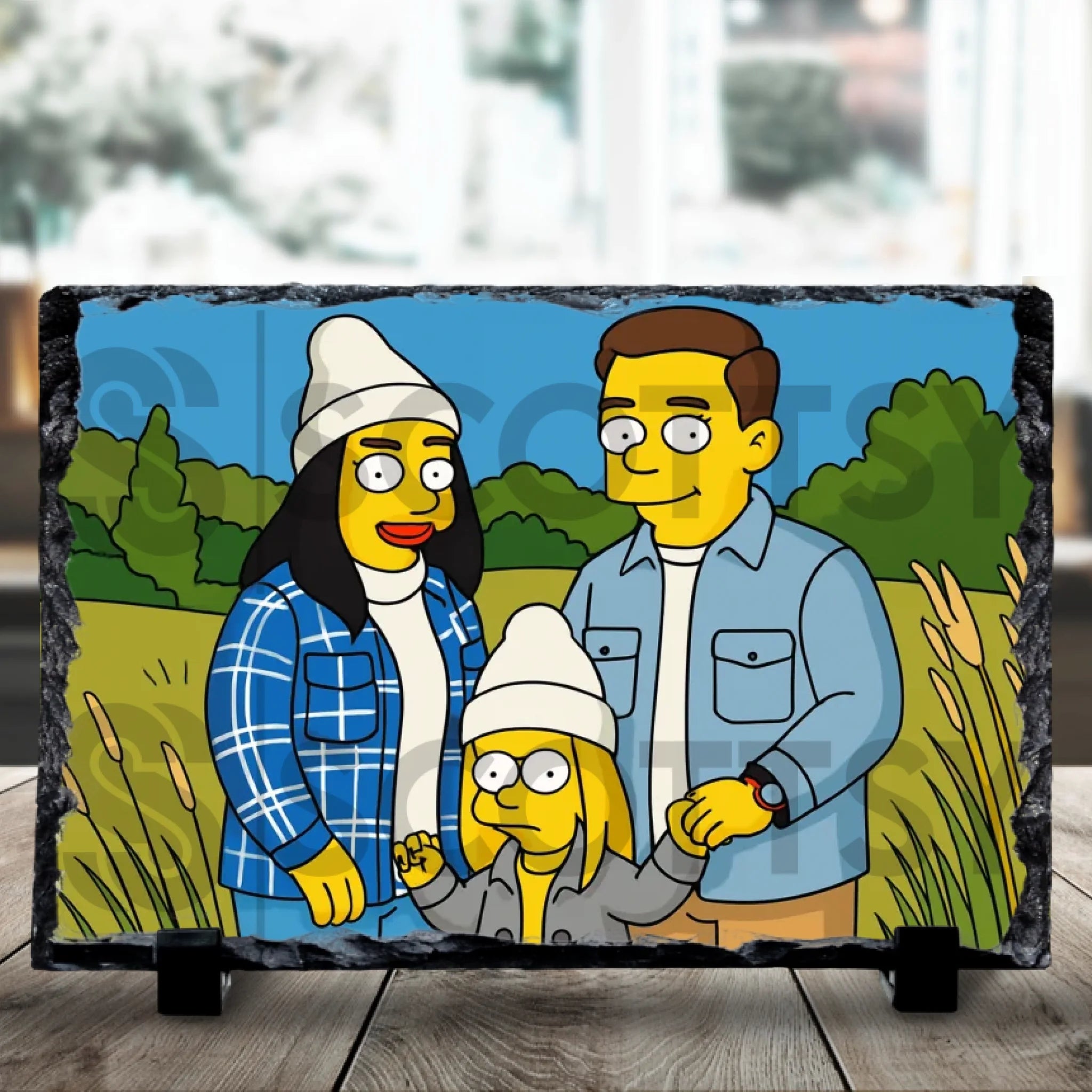 Personalised photo slate gift with US cartoon-inspired illustrated design