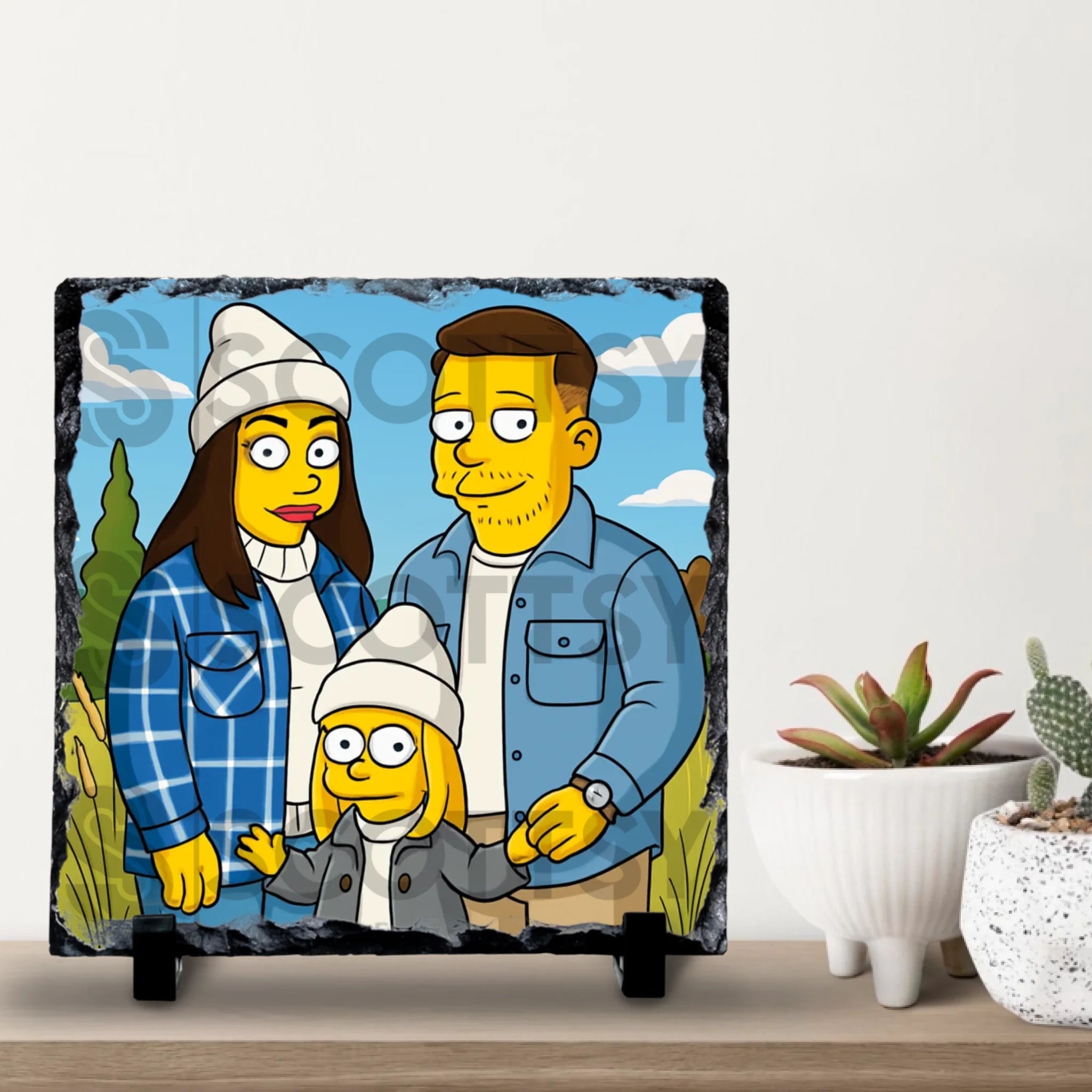 Close-up of custom cartoon portrait printed on a slate gift