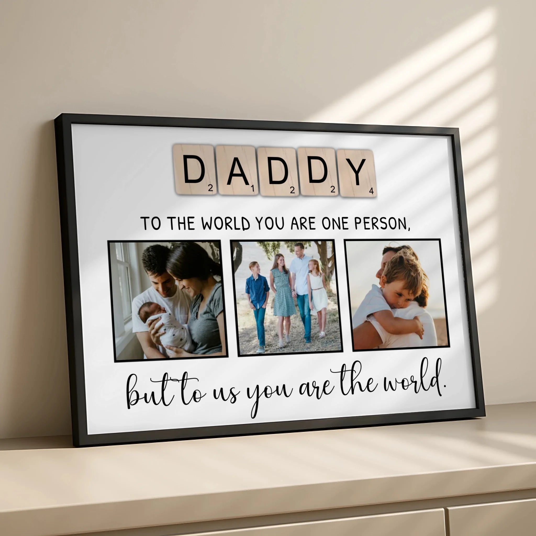 Close-up of personalised DADDY photo frame tile design detail