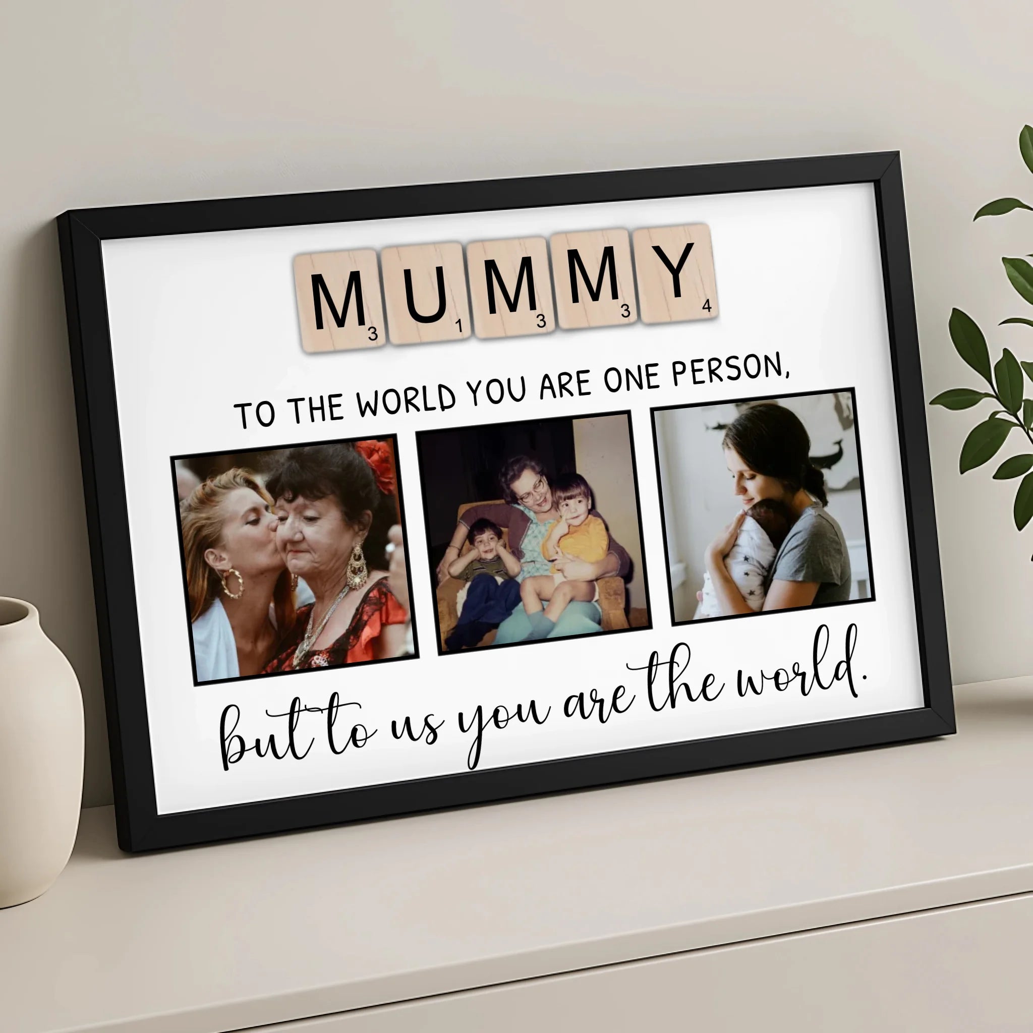 MUMMY letter tile print showing three photo slots in white frame