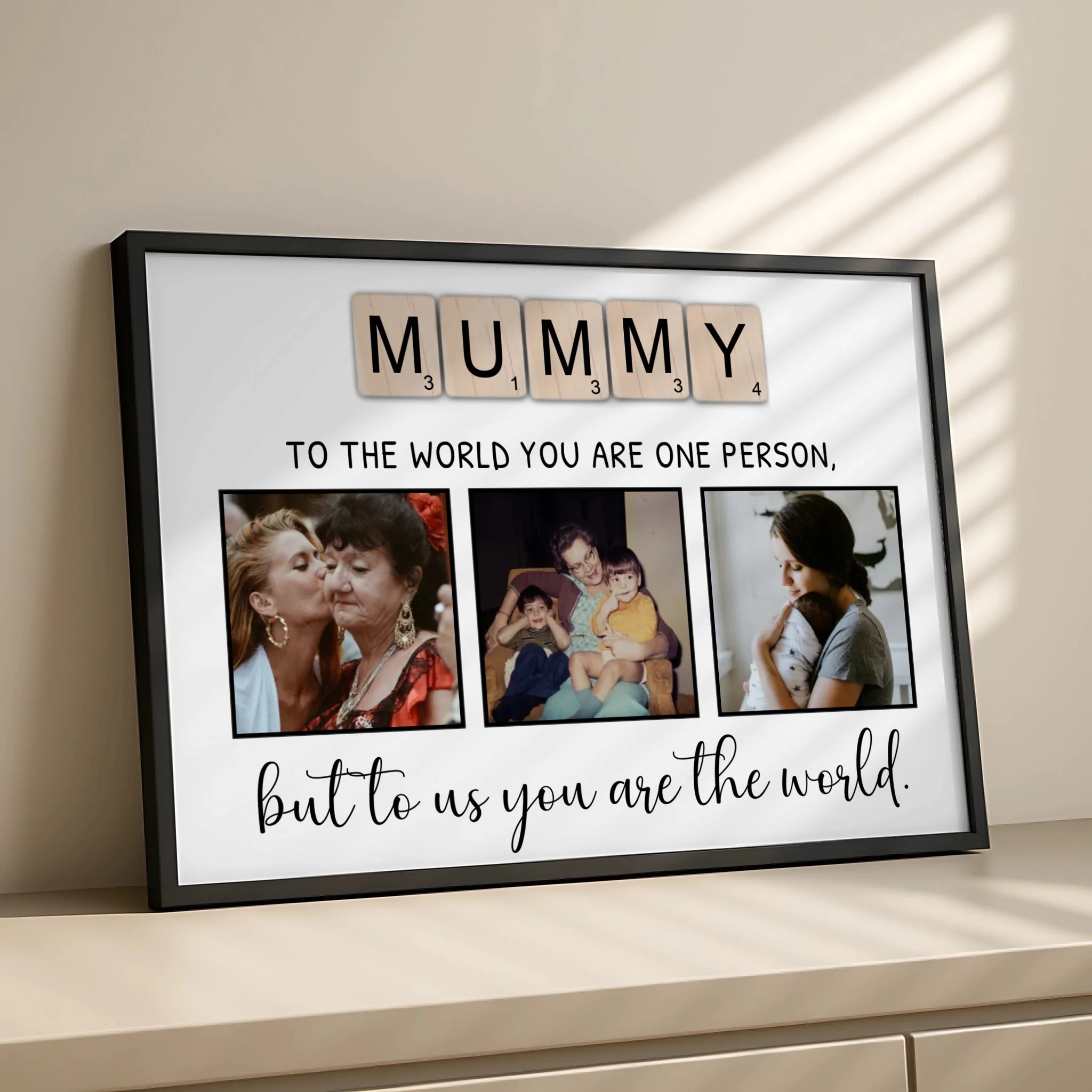 Close-up of personalised MUMMY photo frame with letter tile design