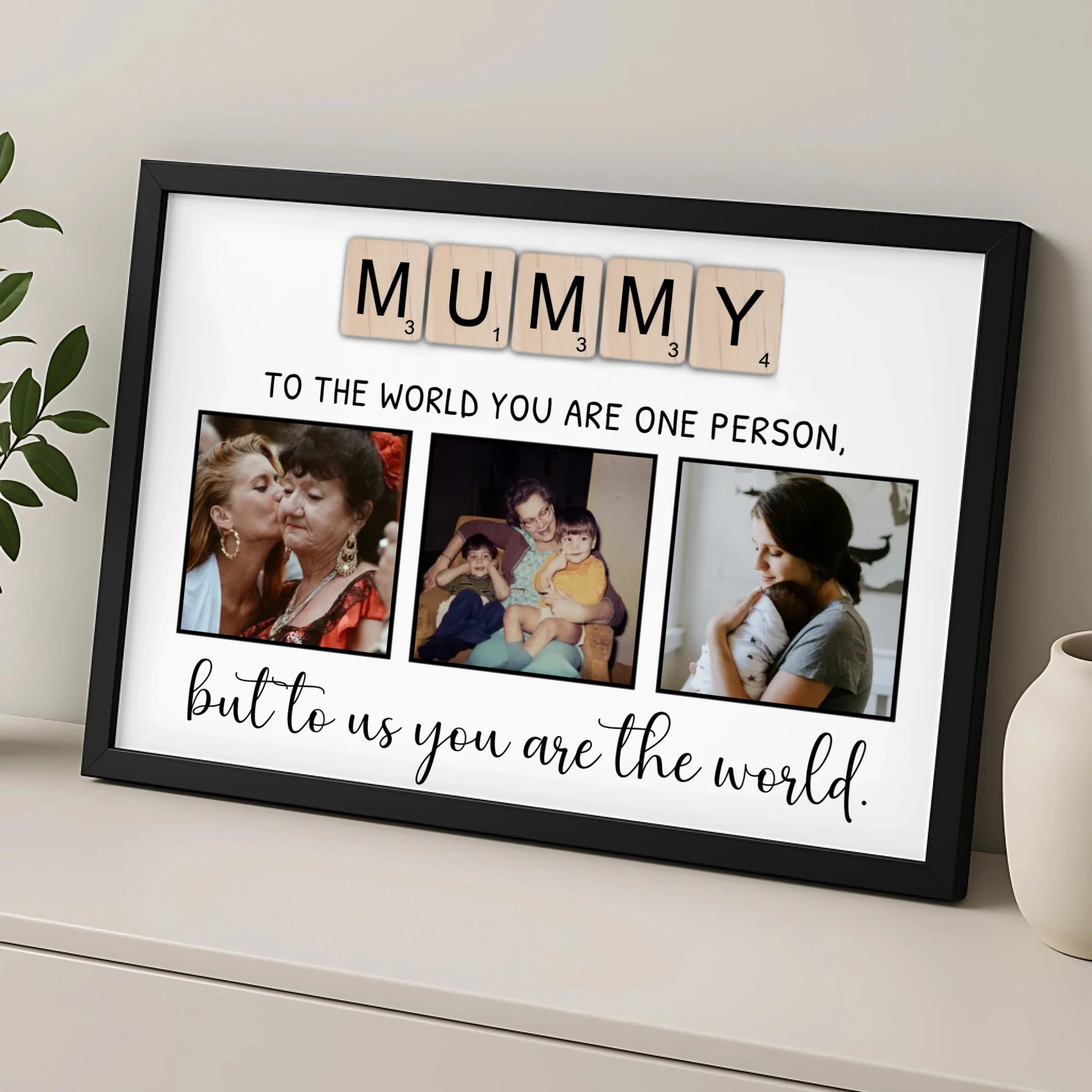 Custom MUMMY photo frame gift for mum shown in oak style frame
