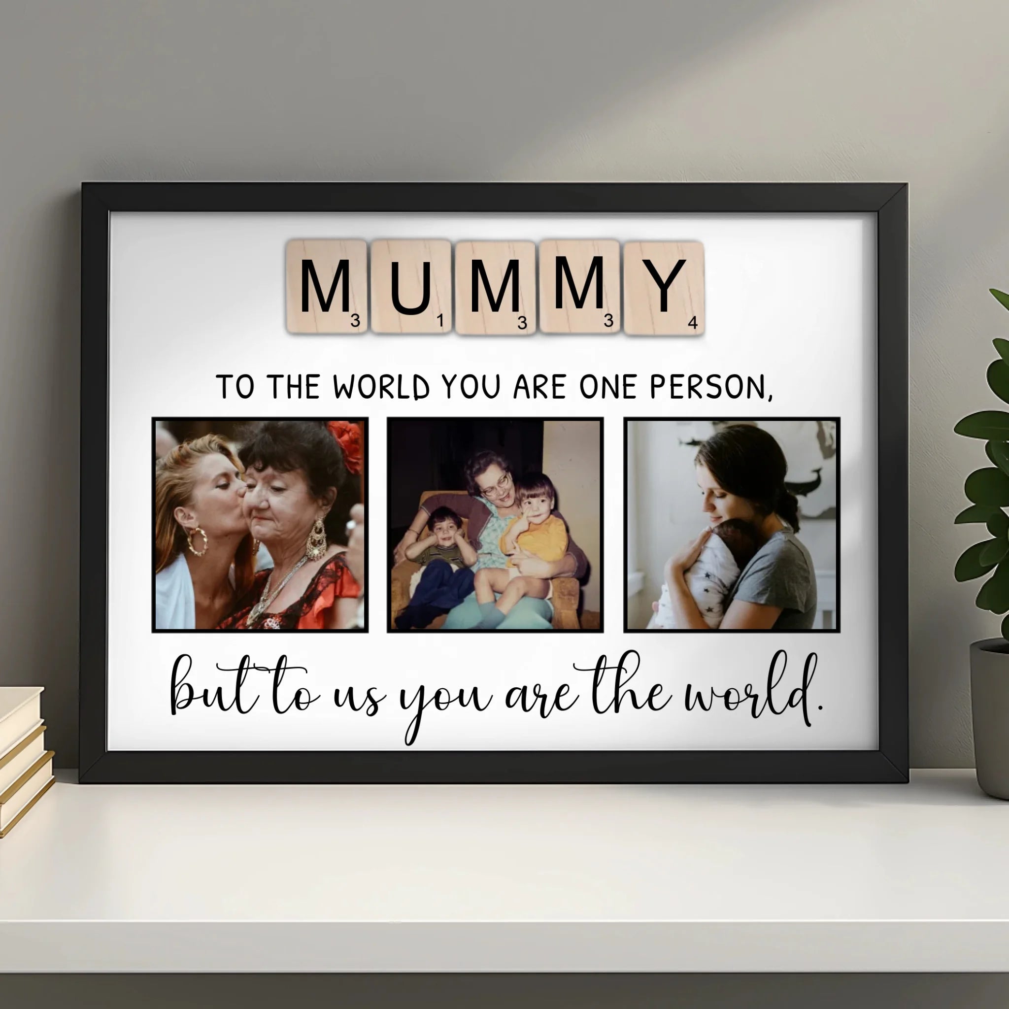 Personalised photo frame for mum with MUMMY letter tiles displayed on shelf