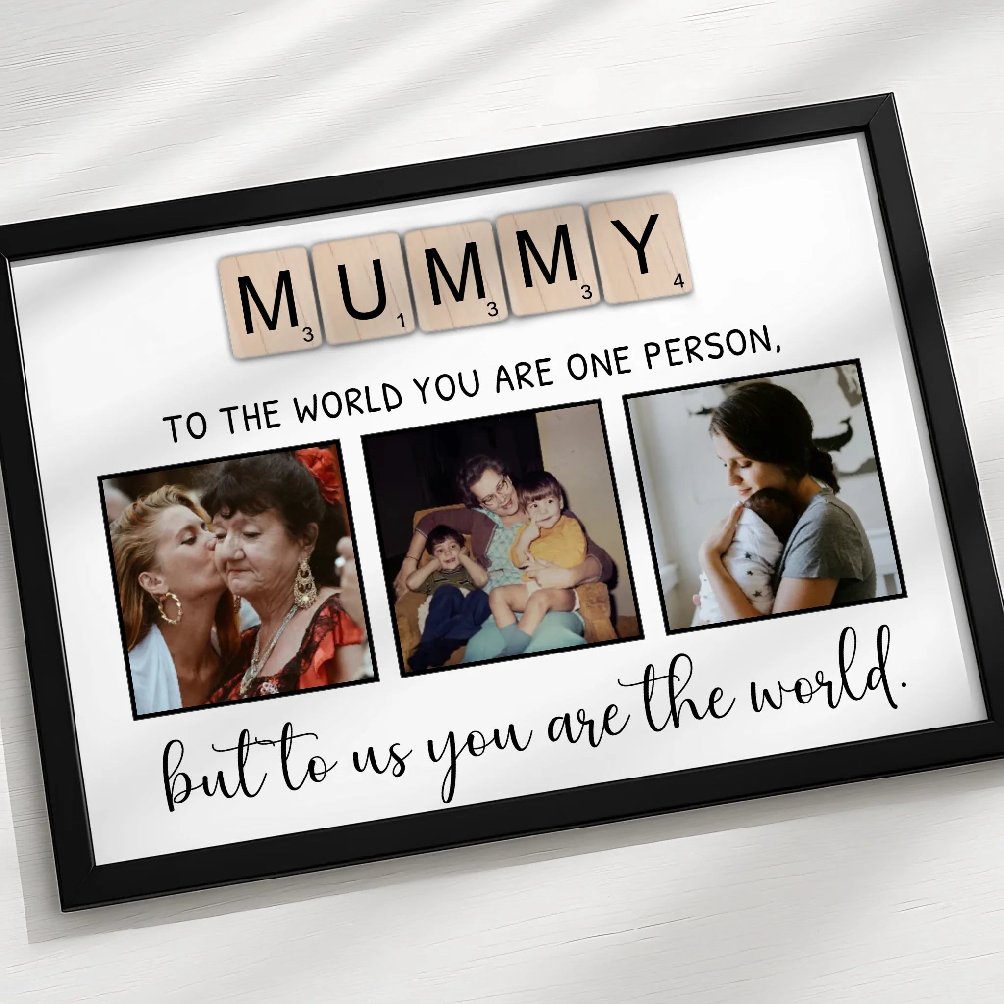 MUMMY letter tile photo print in dark frame on wall