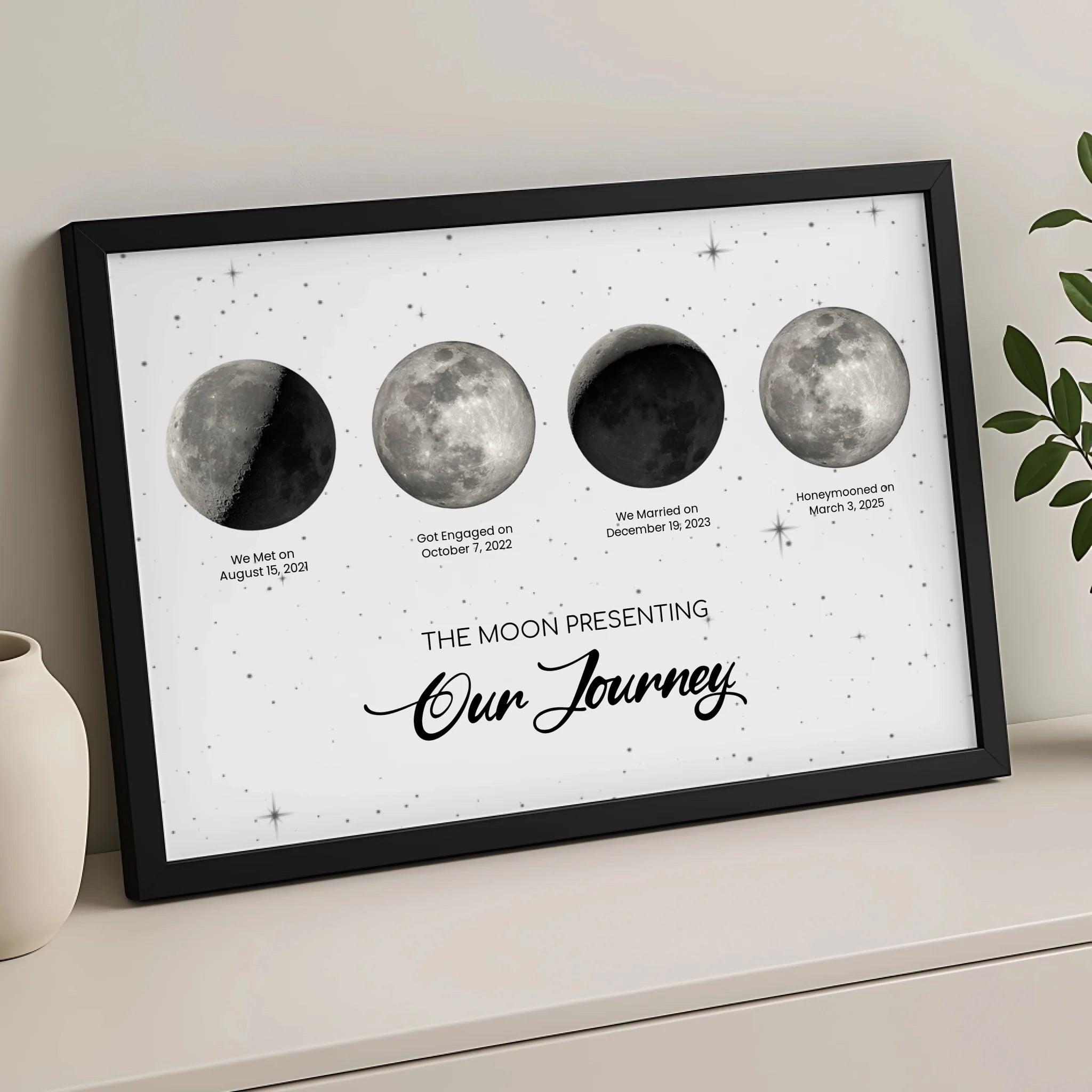 Close-up of personalised moon phase print showing custom event dates and moon illustrations