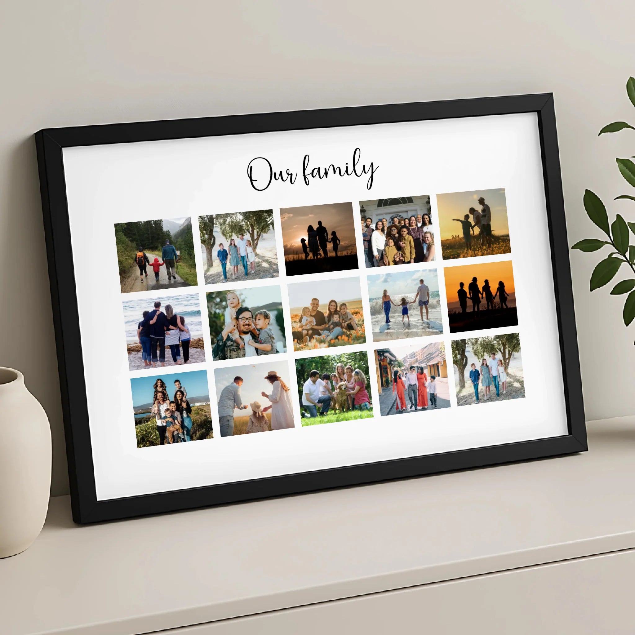 Custom 15 photo frame showing family pictures with personalised wording