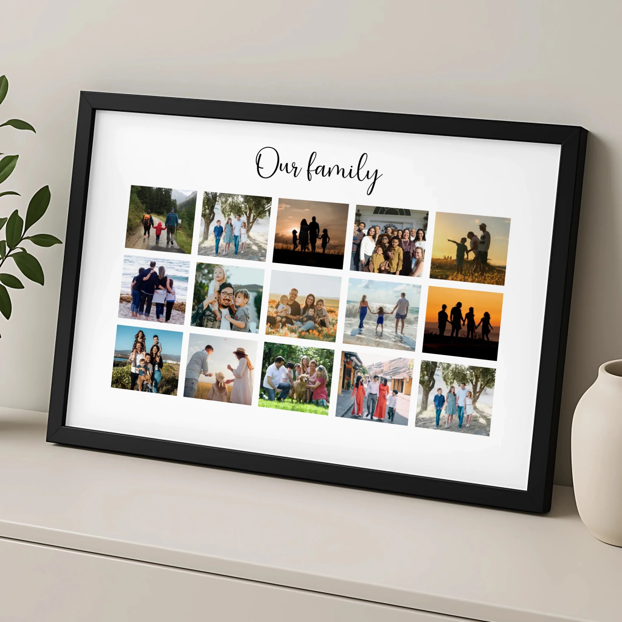 Close-up of personalised family photo frame with custom name text