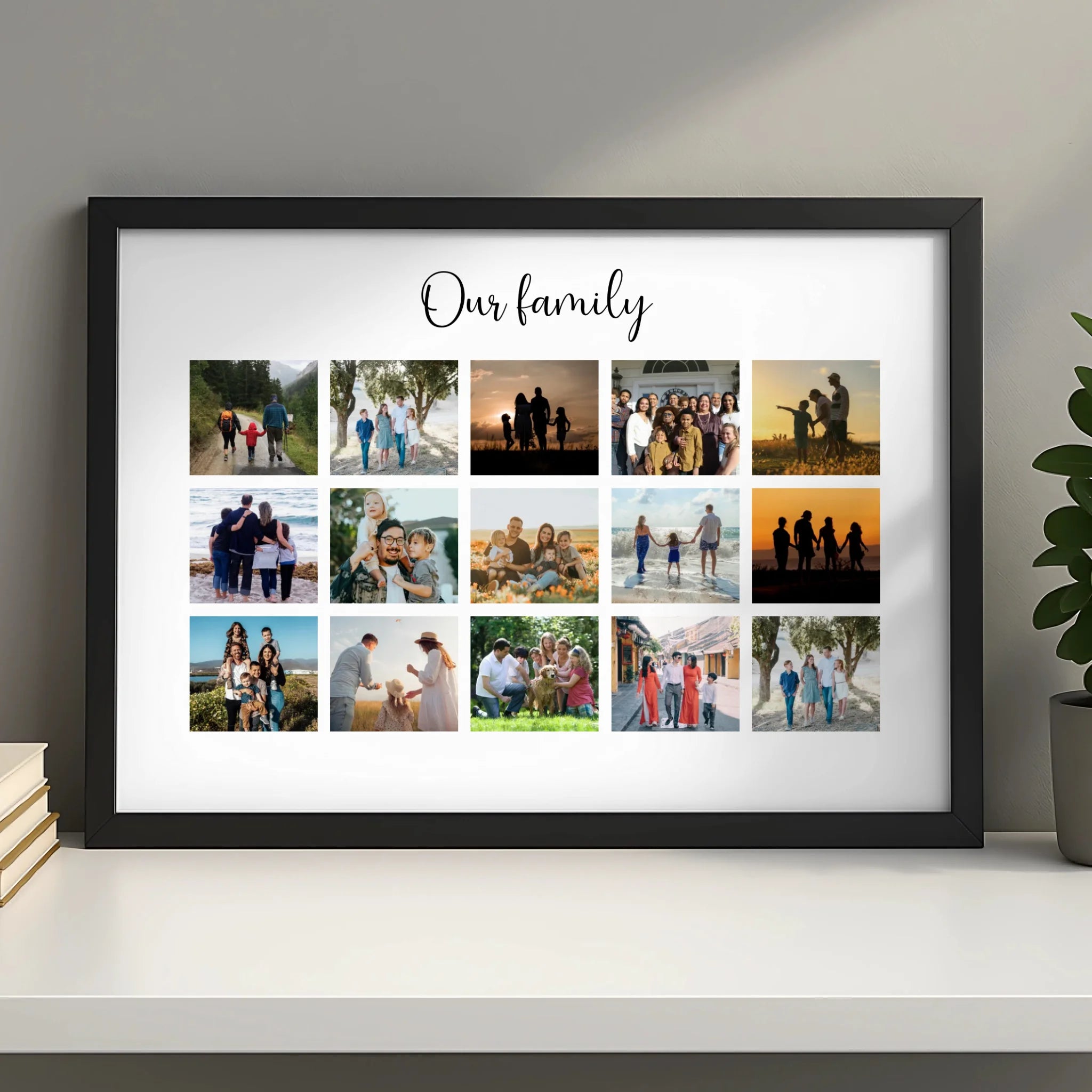 Custom photo frame with 15 family photos displayed on a wall