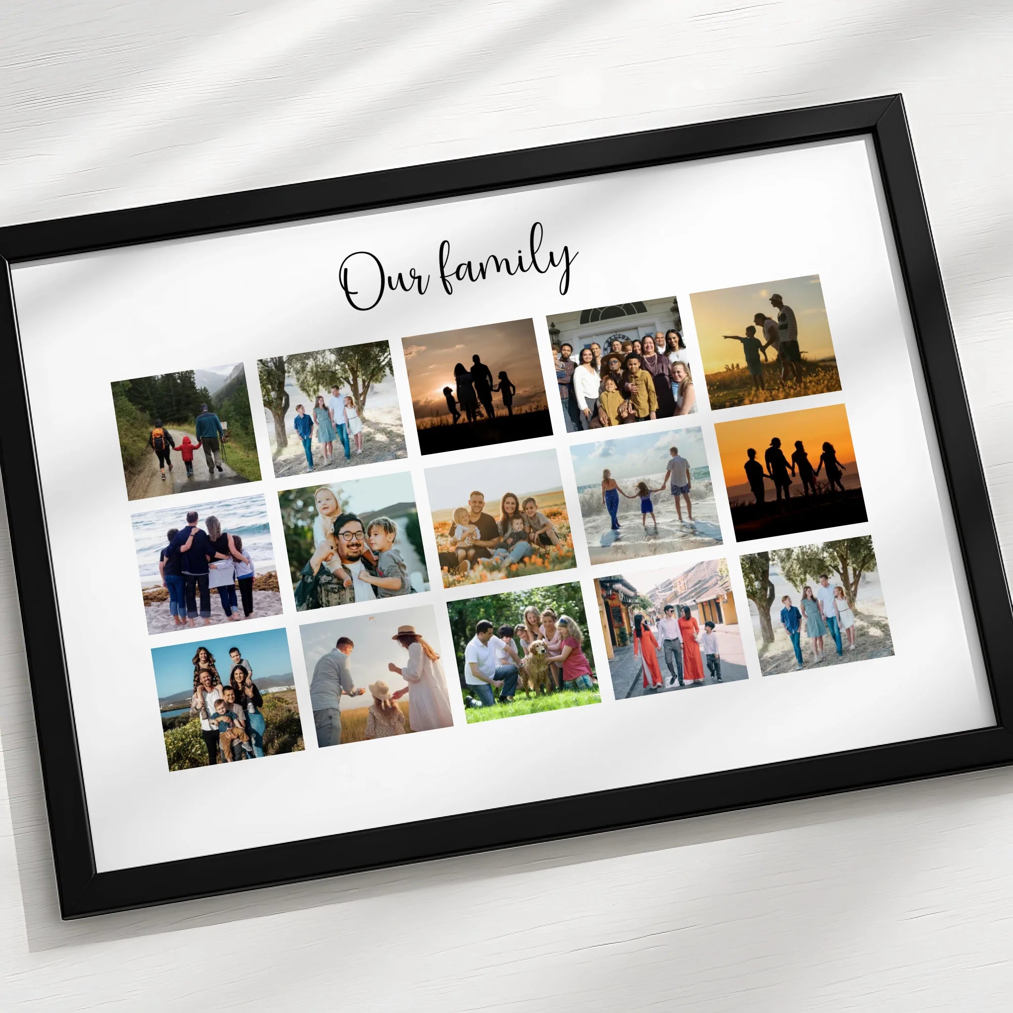 Personalised multi-photo frame with family pictures and custom title
