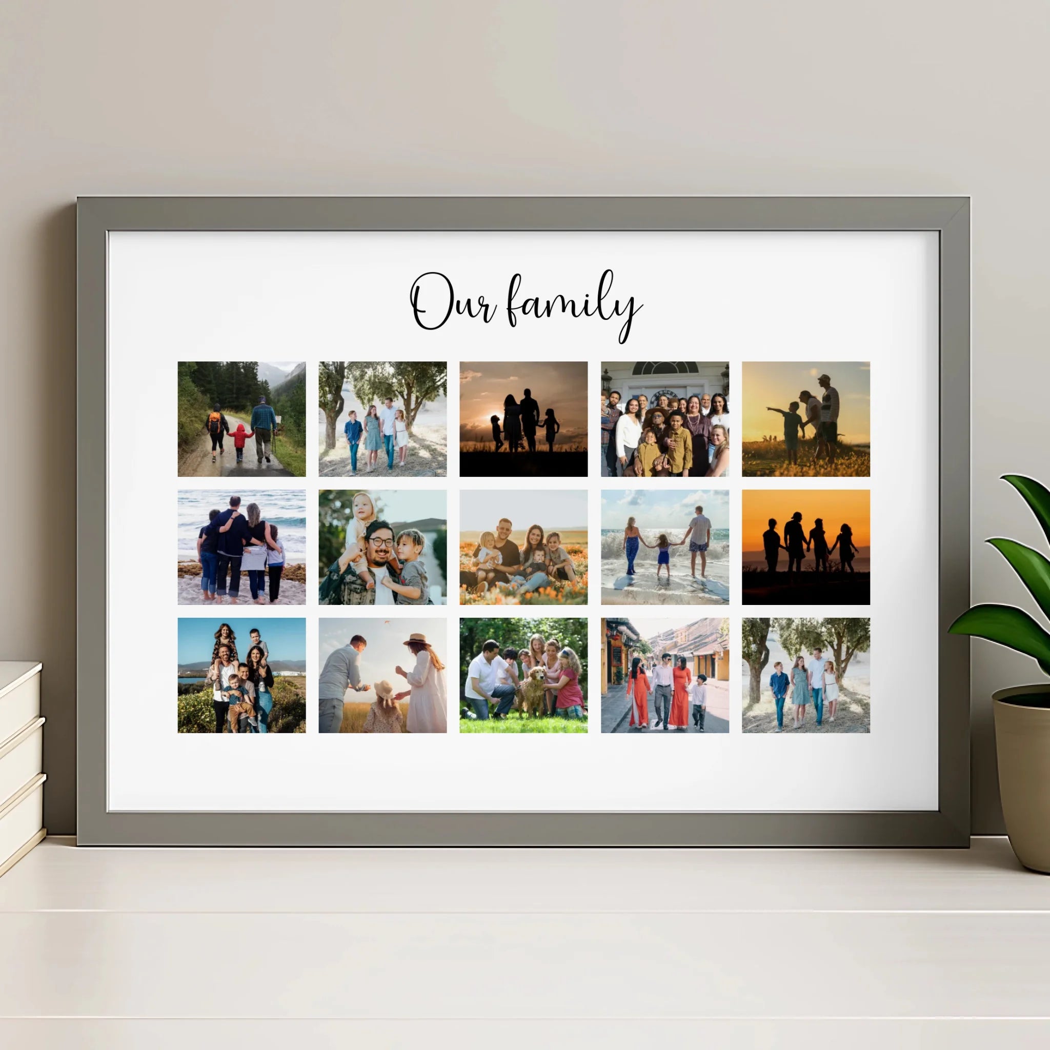 Personalised photo frame in grey with custom text and family photos
