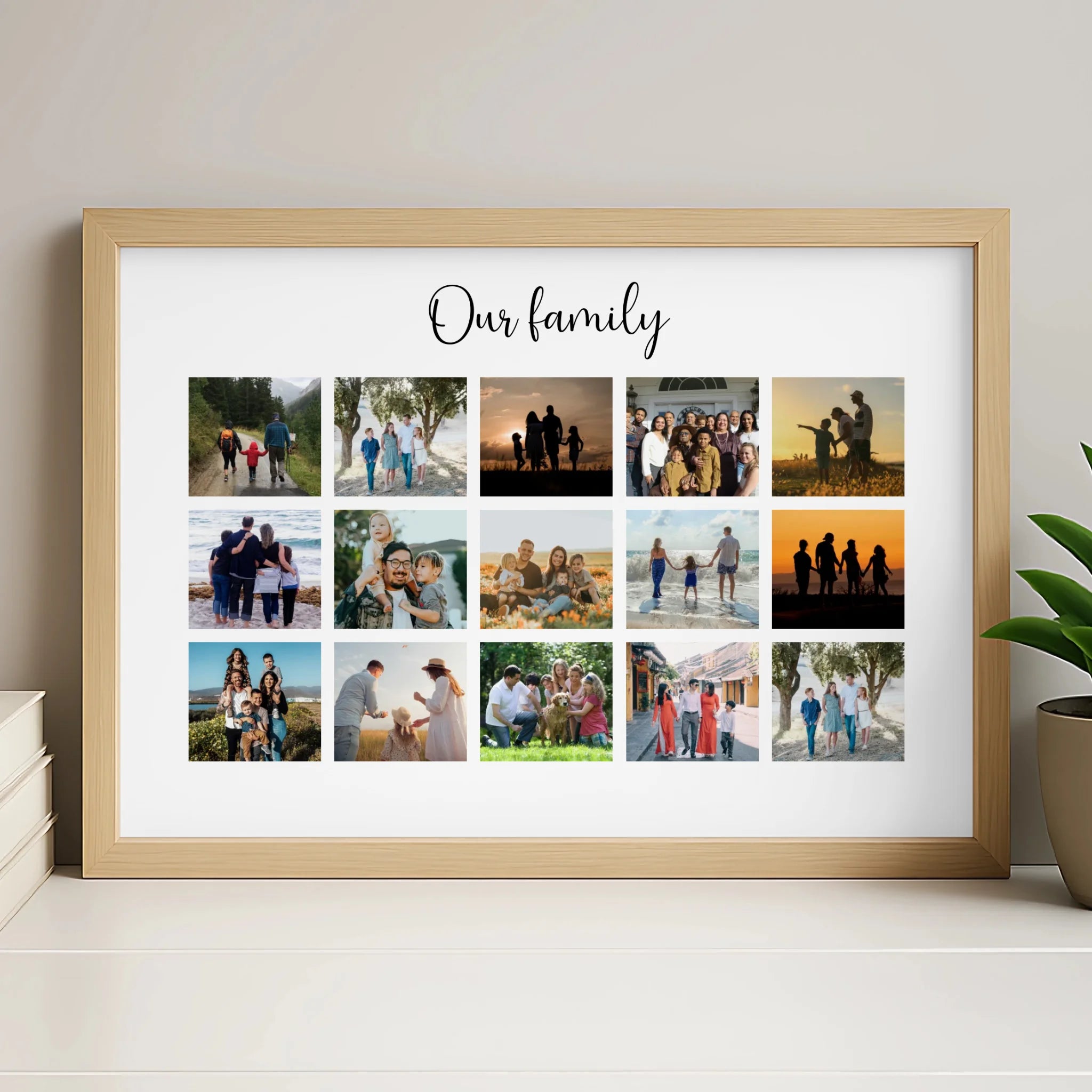 Personalised photo frame in white with 15 photos and custom wording