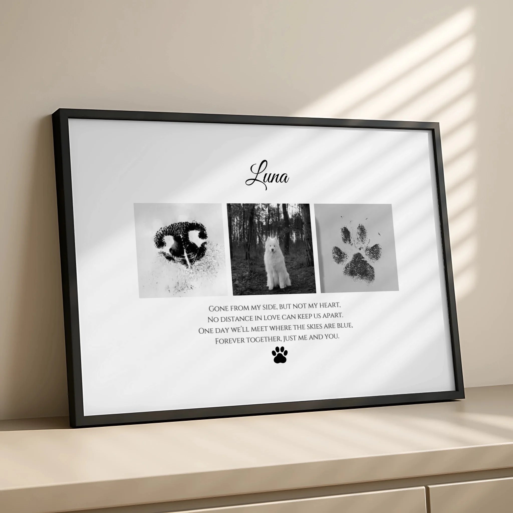 Personalised pet memorial slate displayed showing custom dog photo and text