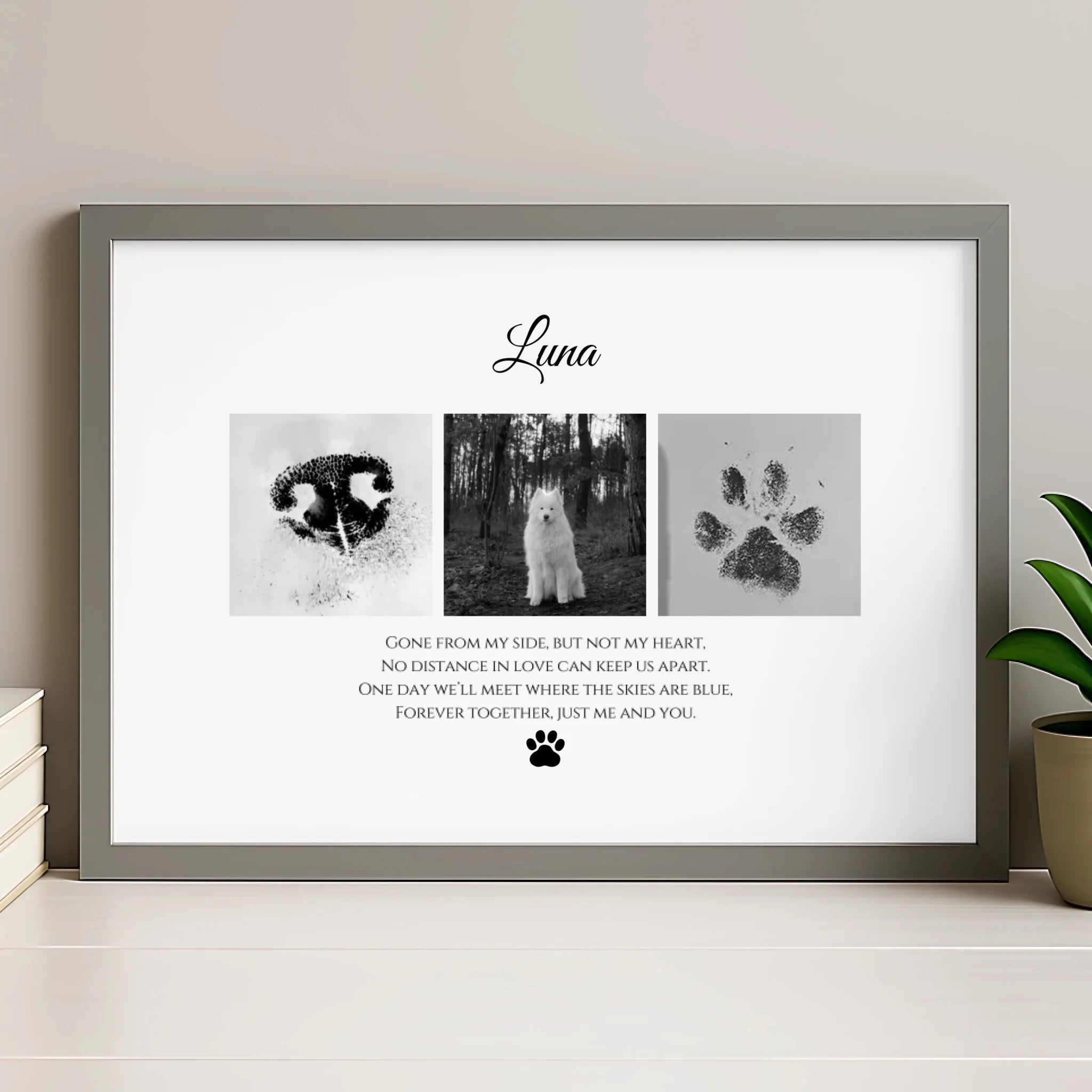 Personalised pet memorial slate in grey finish with custom dog photo and paw print