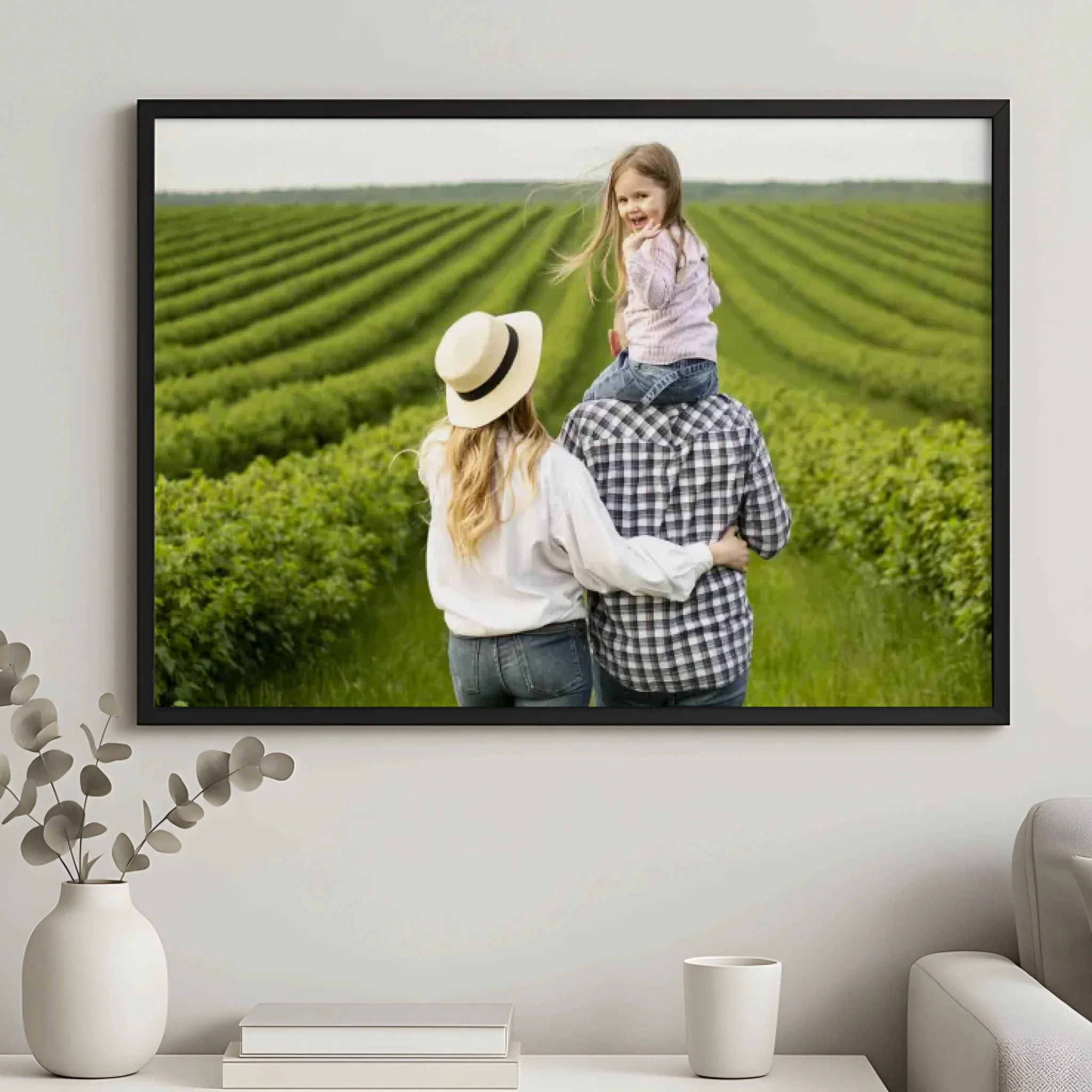 Custom single photo print framed and displayed on a shelf