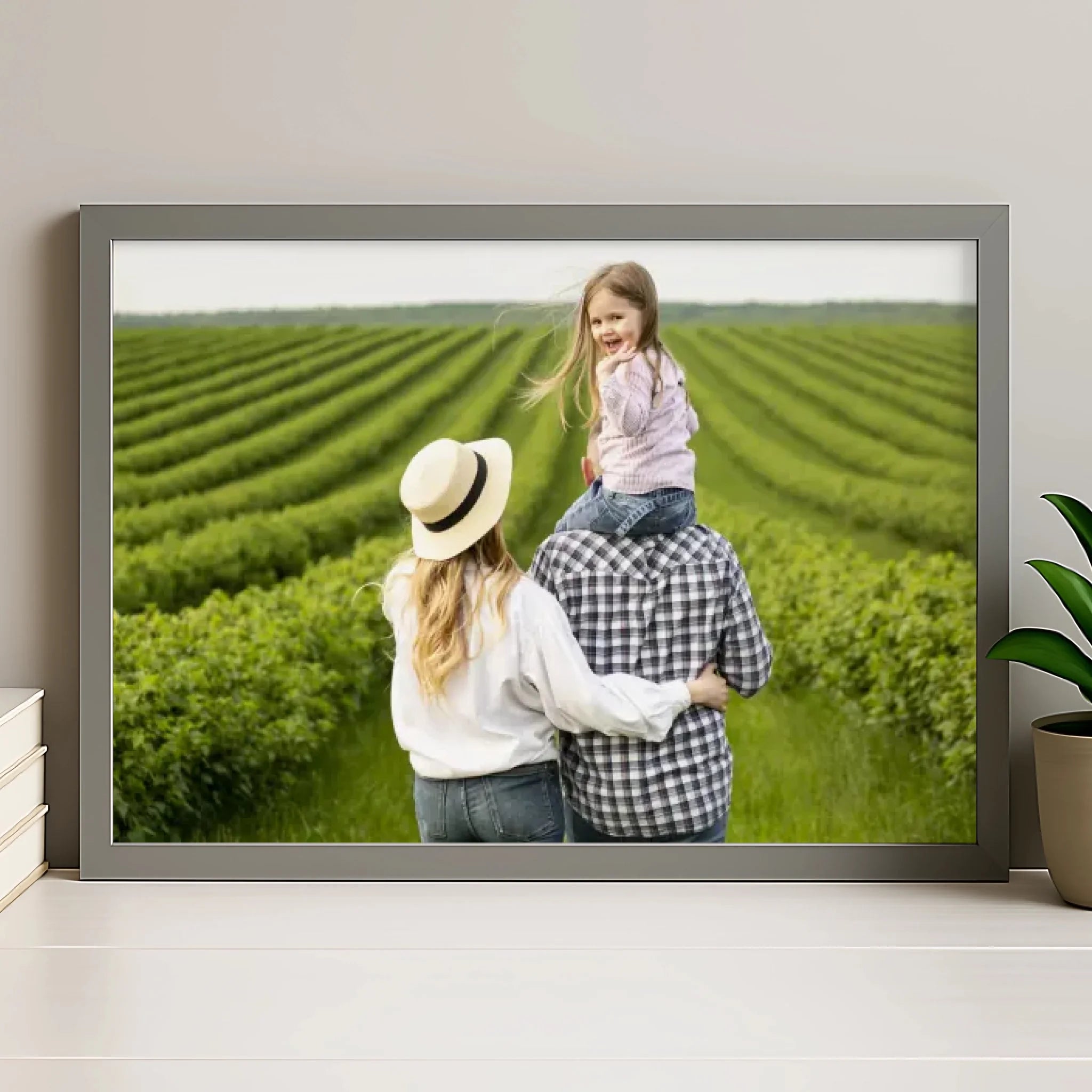 Personalised photo frame in grey, showing a single photo print