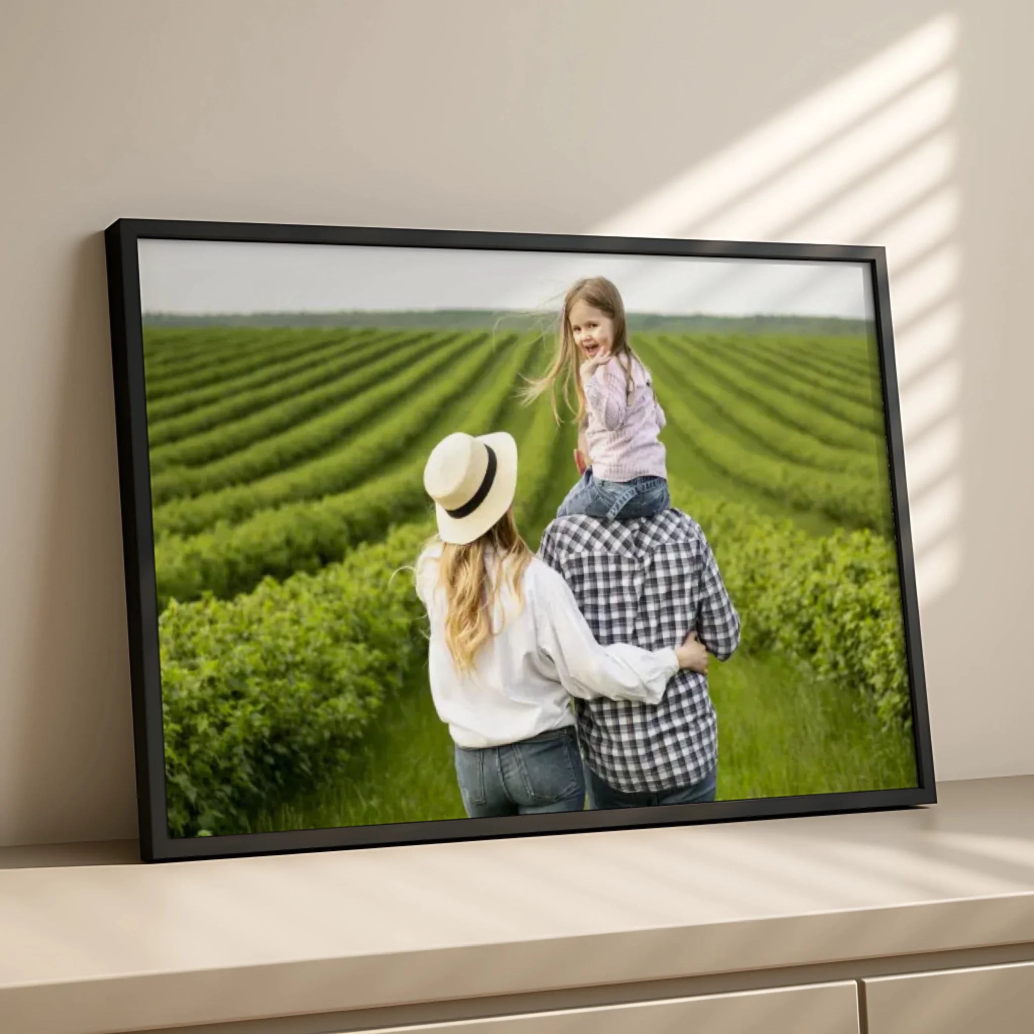 Personalised photo frame with a single image, shown in a living room