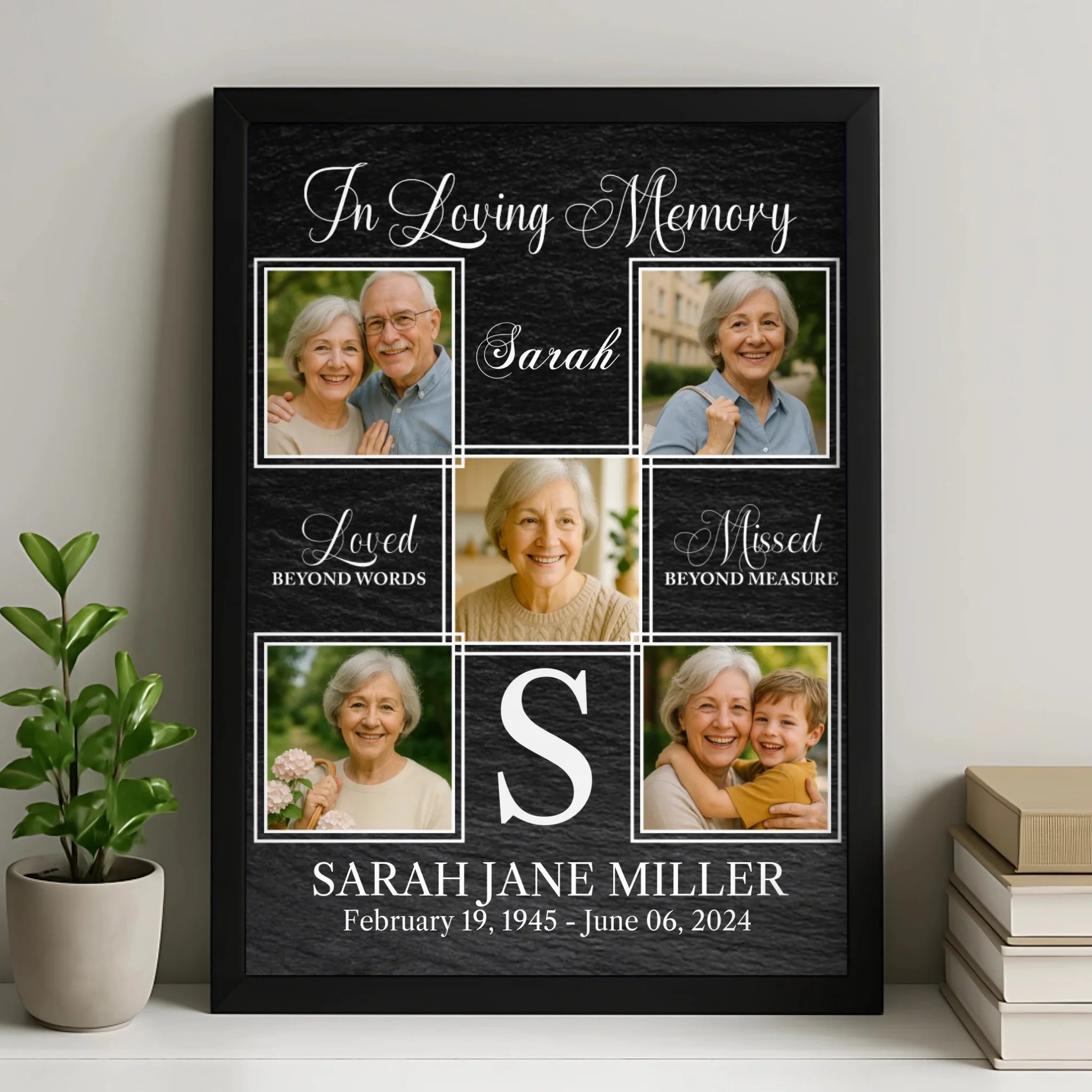 Personalised memorial photo collage frame with custom name and dates