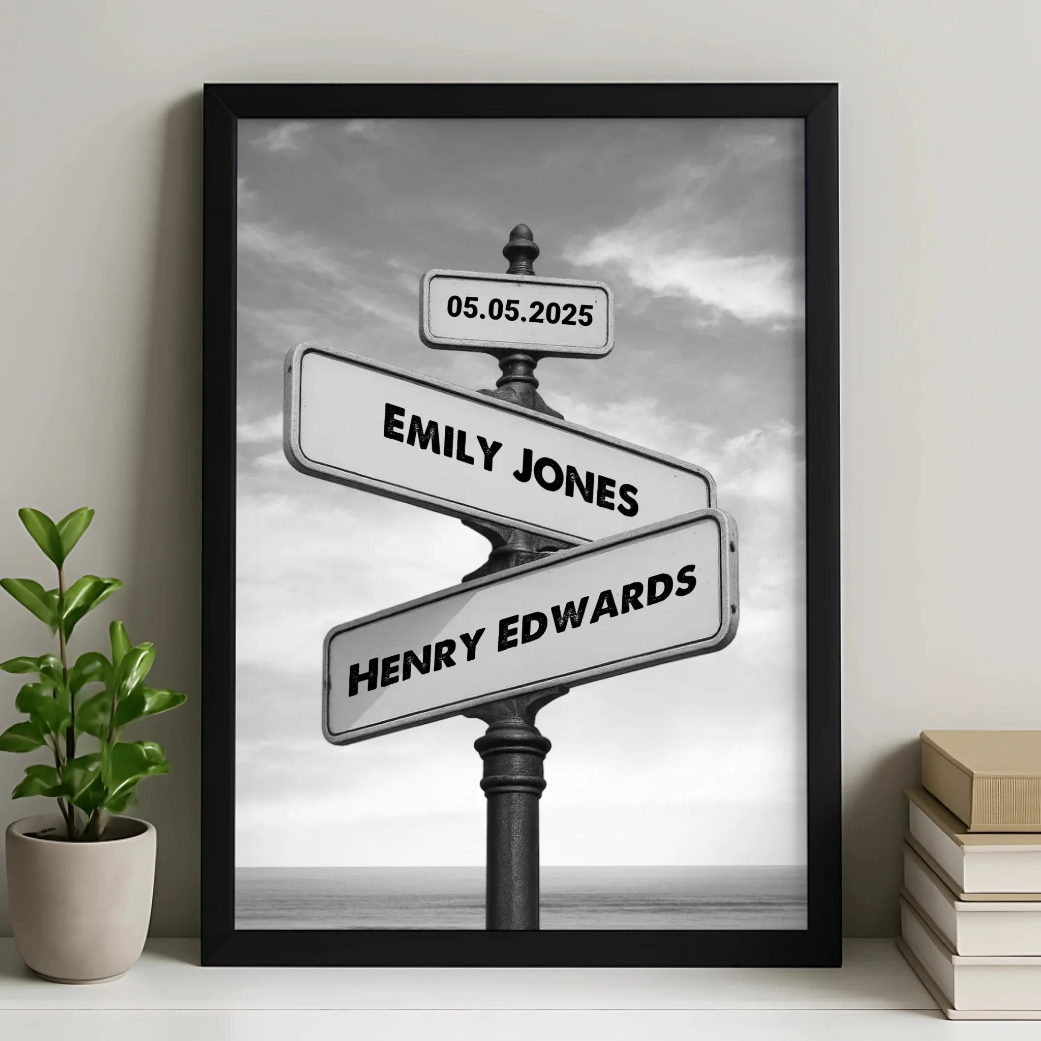Personalised vintage couples street sign photo frame displayed on a wall