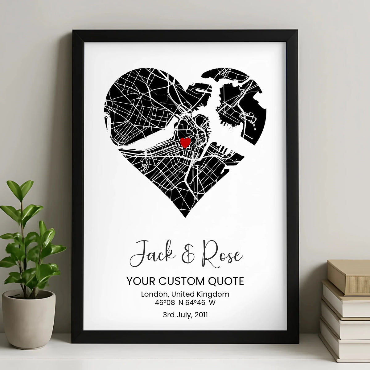 Black & White Heart Map Poster – Personalised Location Print for Couples, Engagement, Wedding, Valentine’s Gift Idea