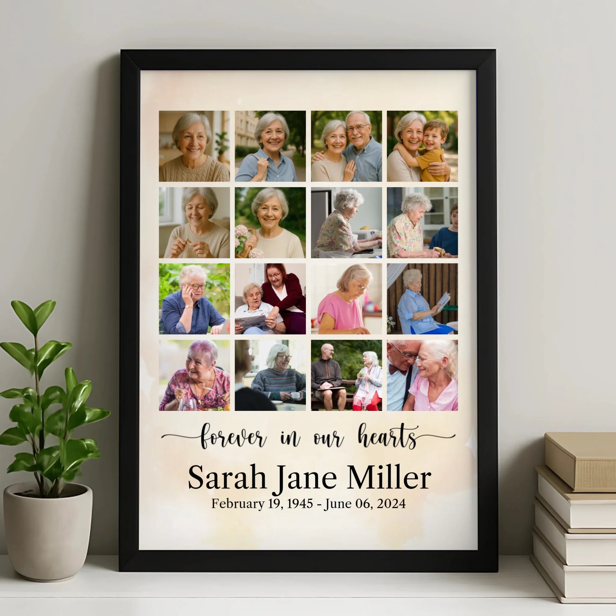 Personalised memorial photo collage frame with custom name and dates