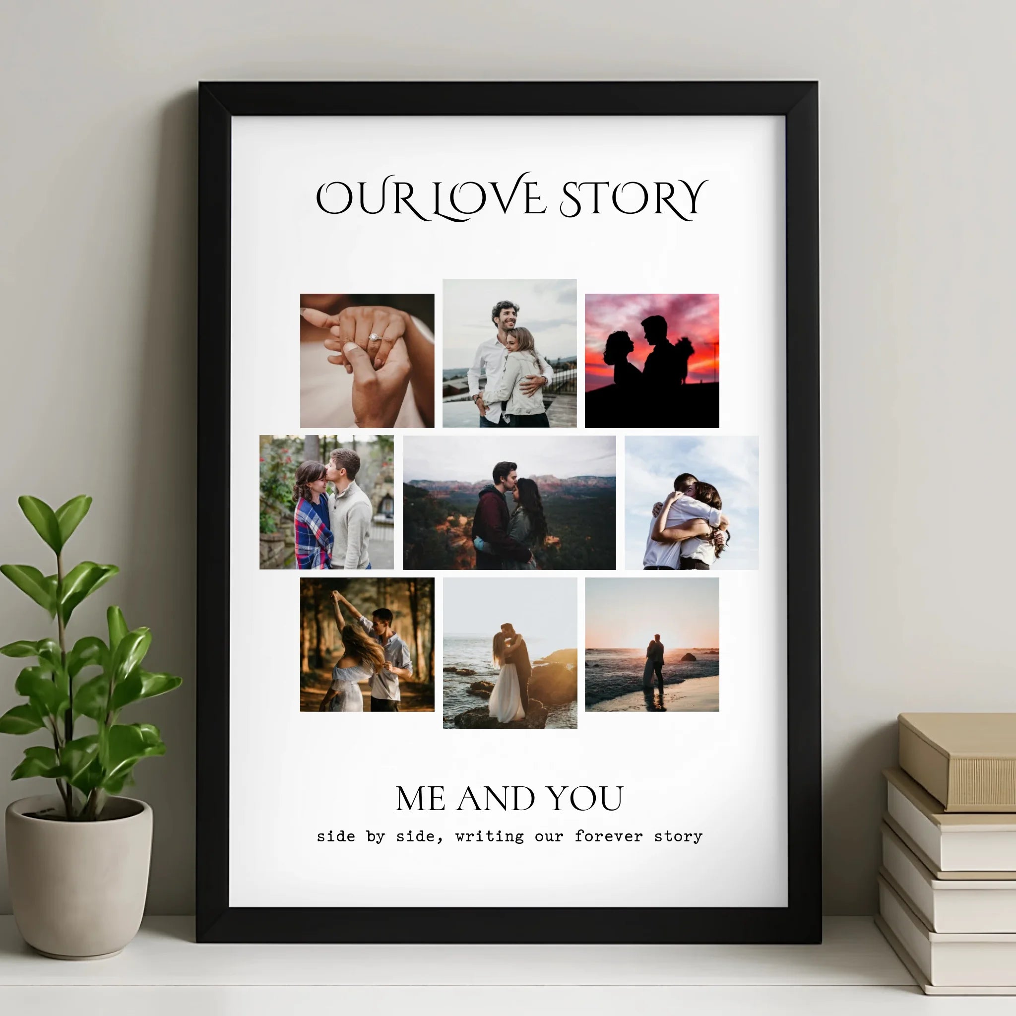 Personalised love story photo collage print with 9 photos, names and a quote