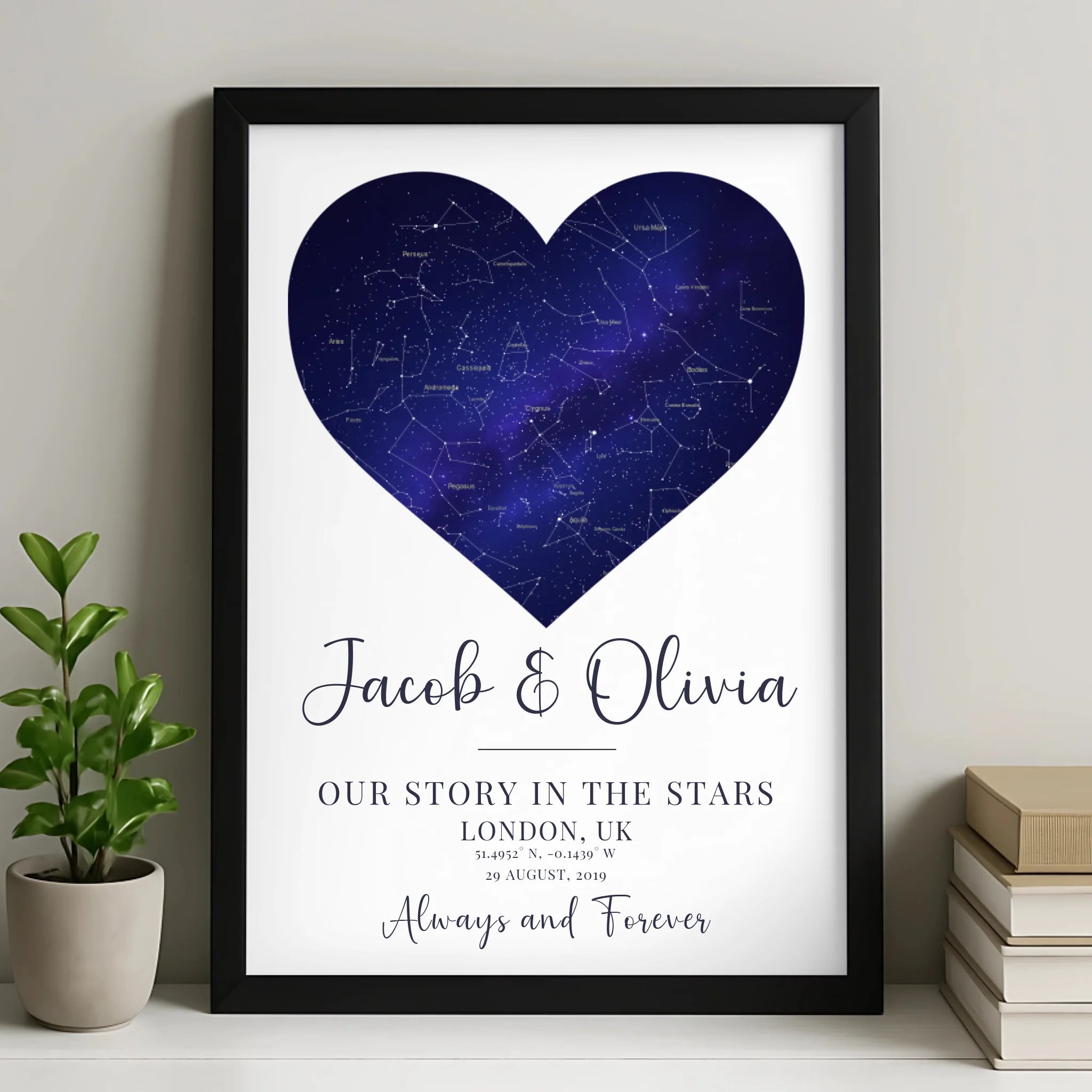 Personalised heart star map print showing a custom night sky with names and date