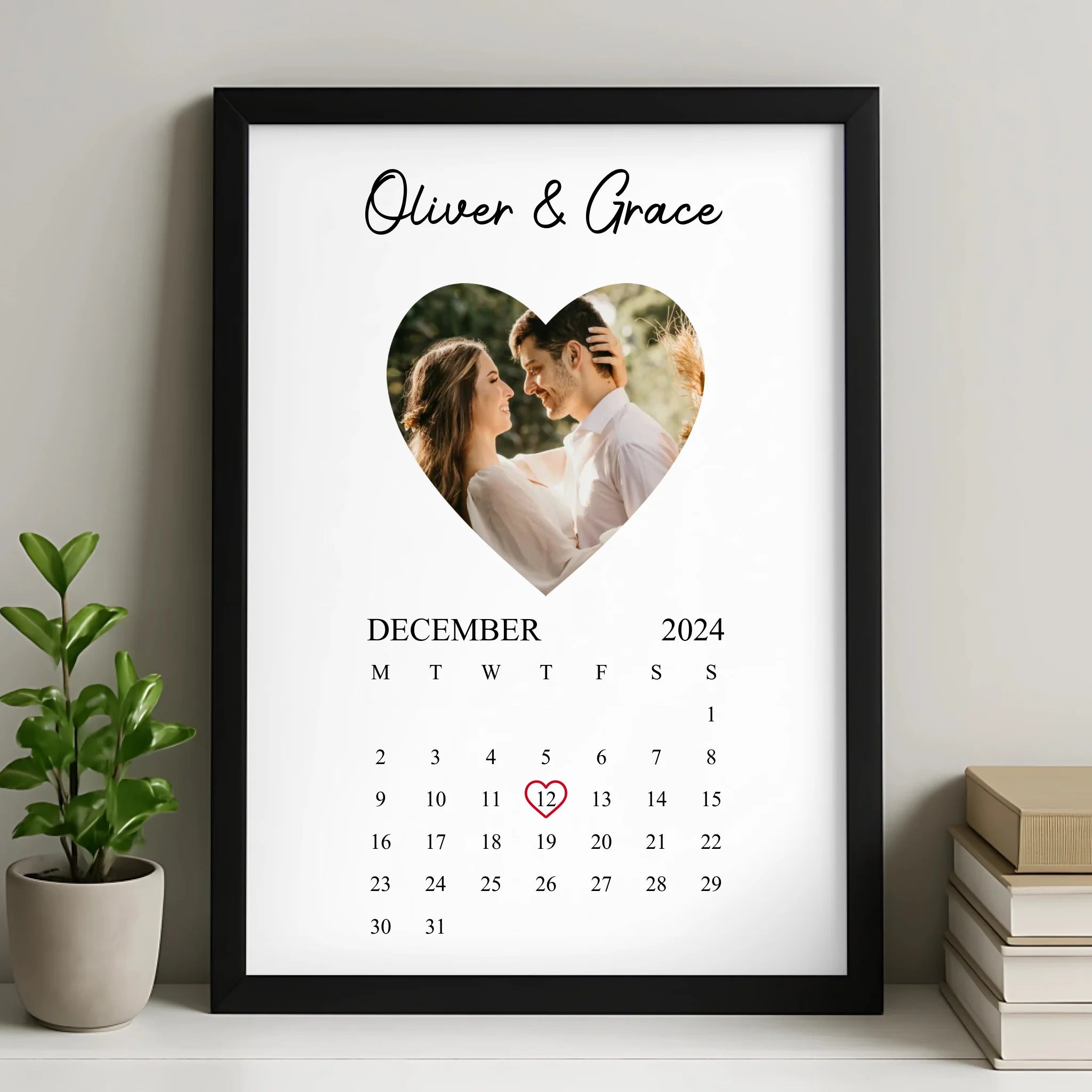 Personalised heart photo calendar print with custom names and a special date