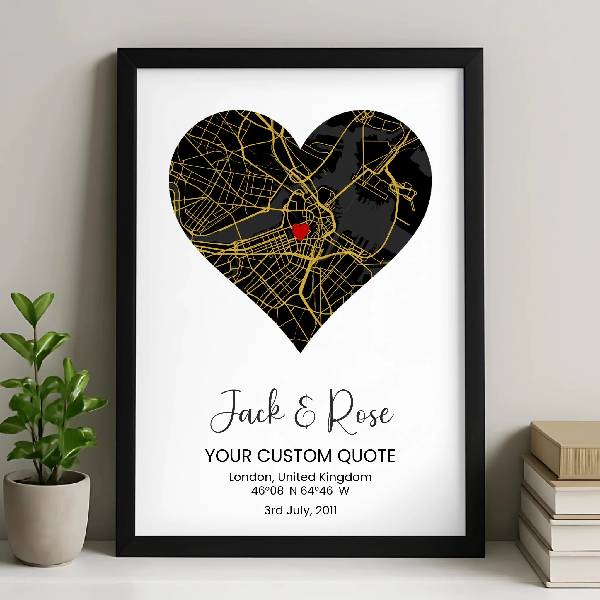 Custom heart map print frame personalised with a couple's location