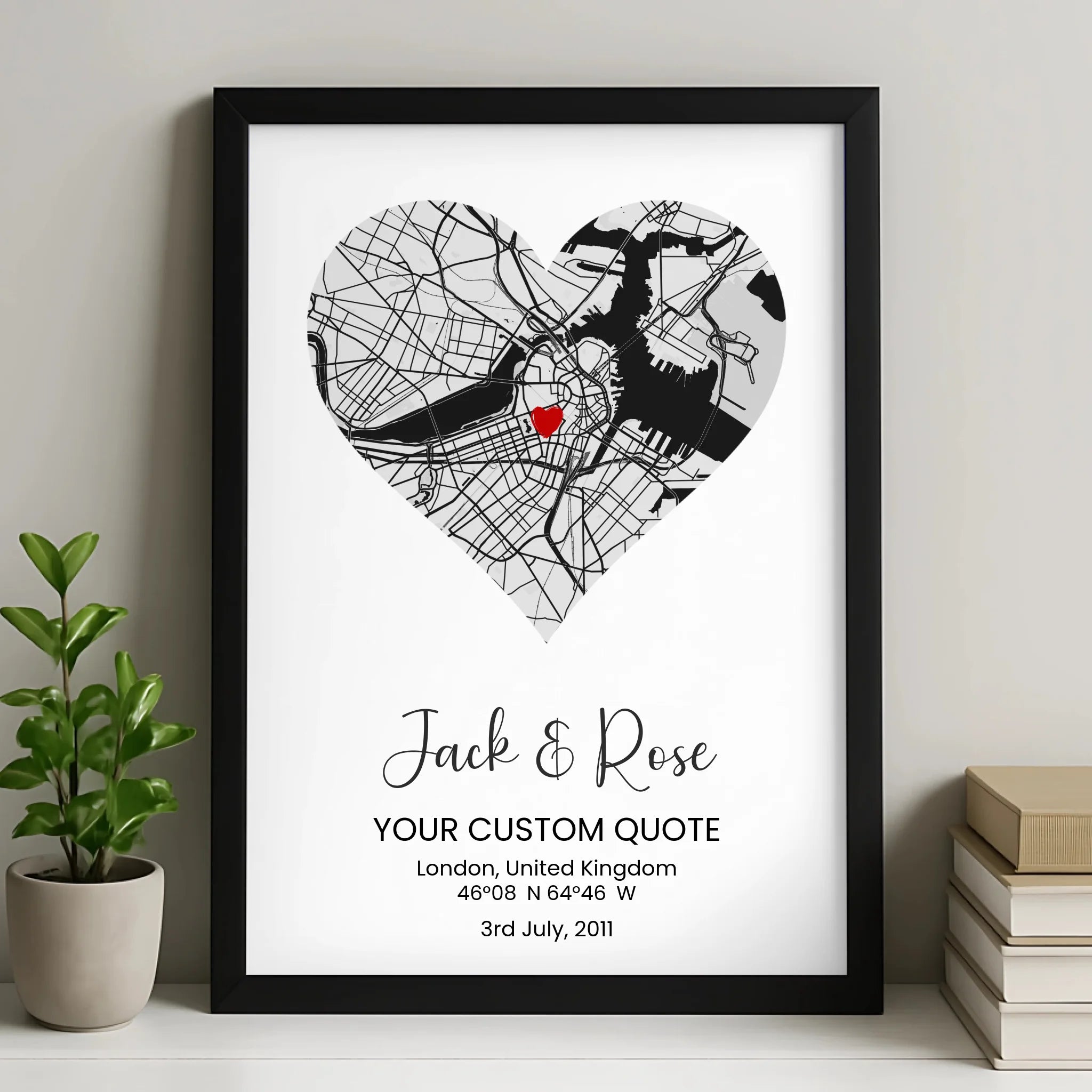 Custom Heart Map Print – Personalised Couple Gift, Engagement, Wedding or Anniversary Wall Art, Coordinates & Quote Option