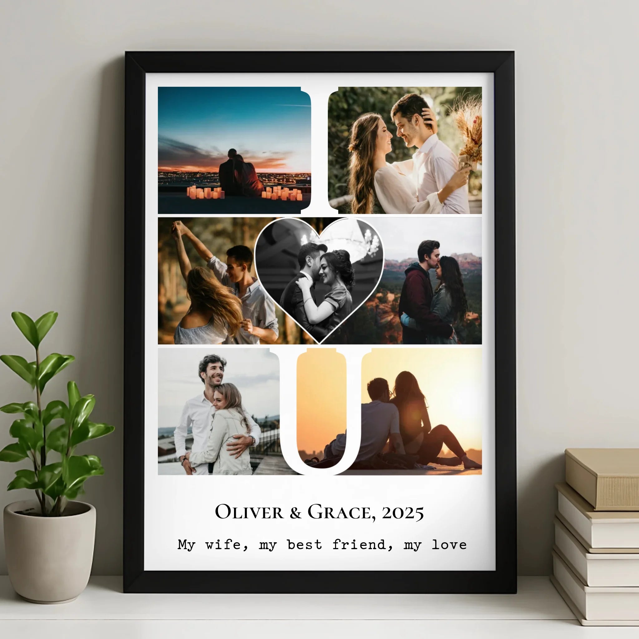 Personalised I Love You photo collage print with seven photos arranged around a heart centre design