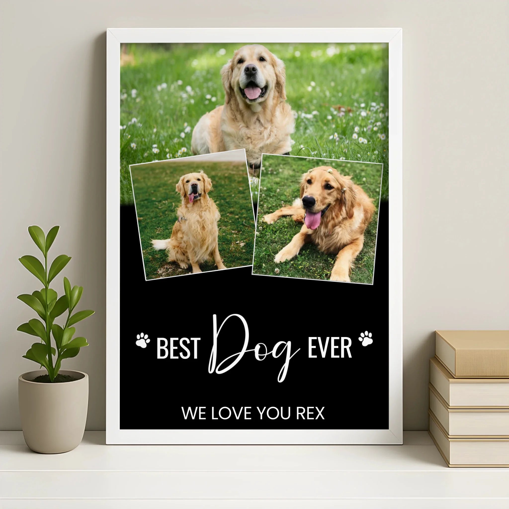 Personalised dog photo collage frame in white finish displayed as pet wall art