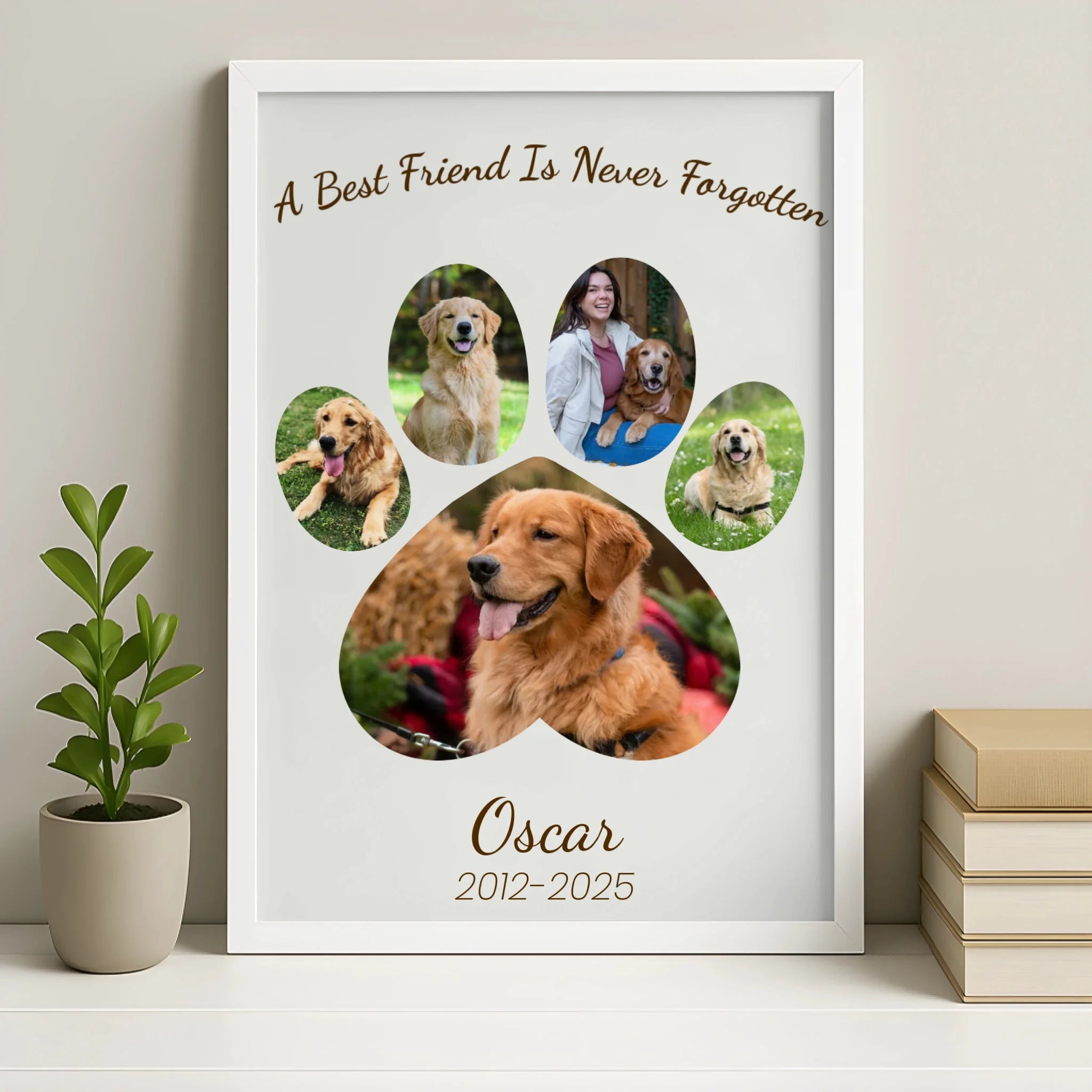 Pet memorial photo frame in white finish with personalised paw print collage