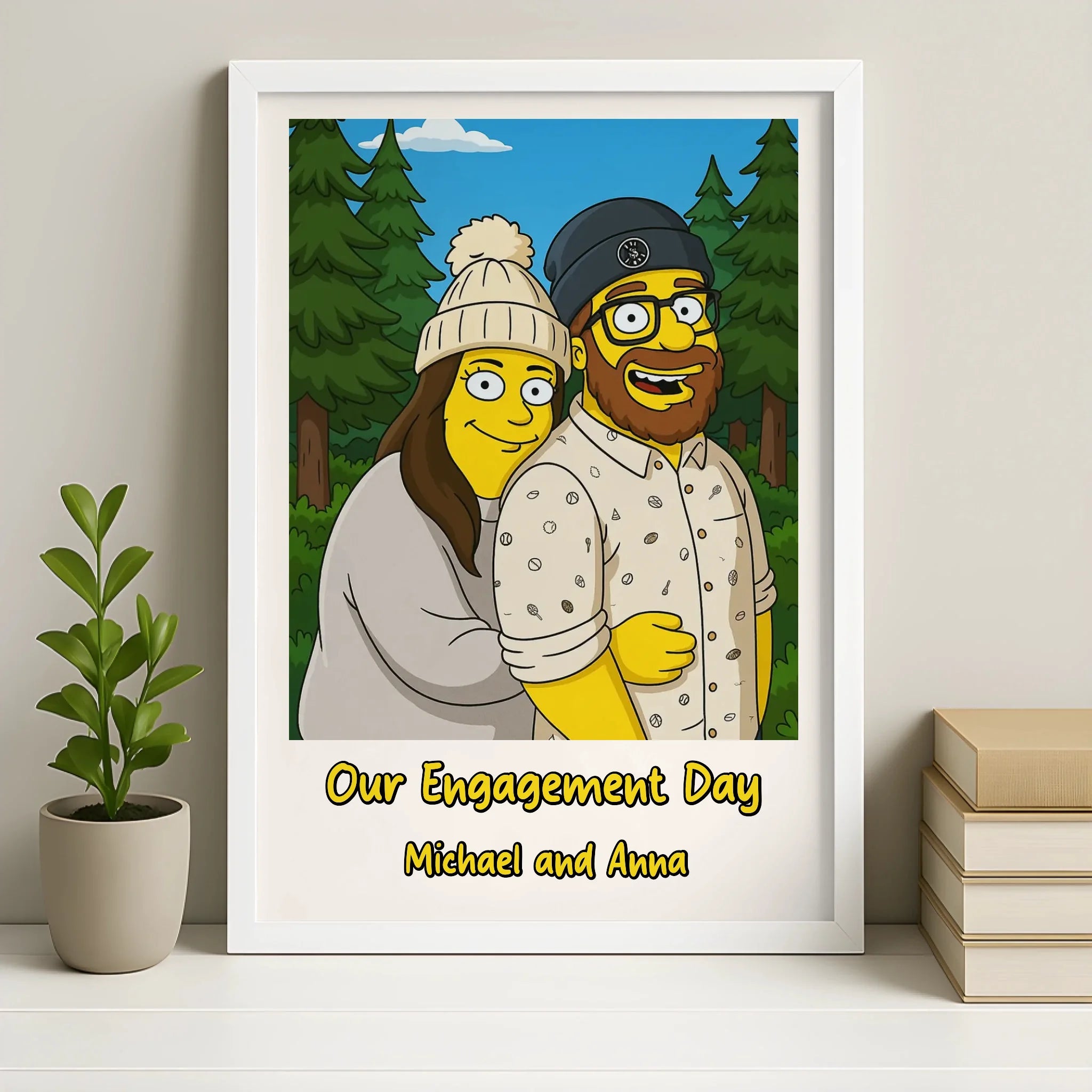 Custom cartoon couple portrait in a white personalised photo frame