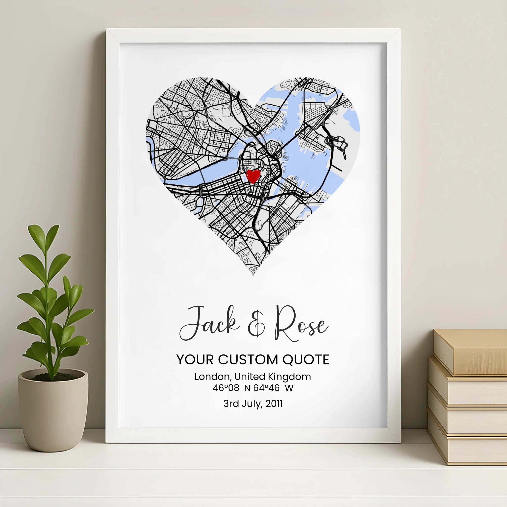 Custom heart map frame print in a white frame