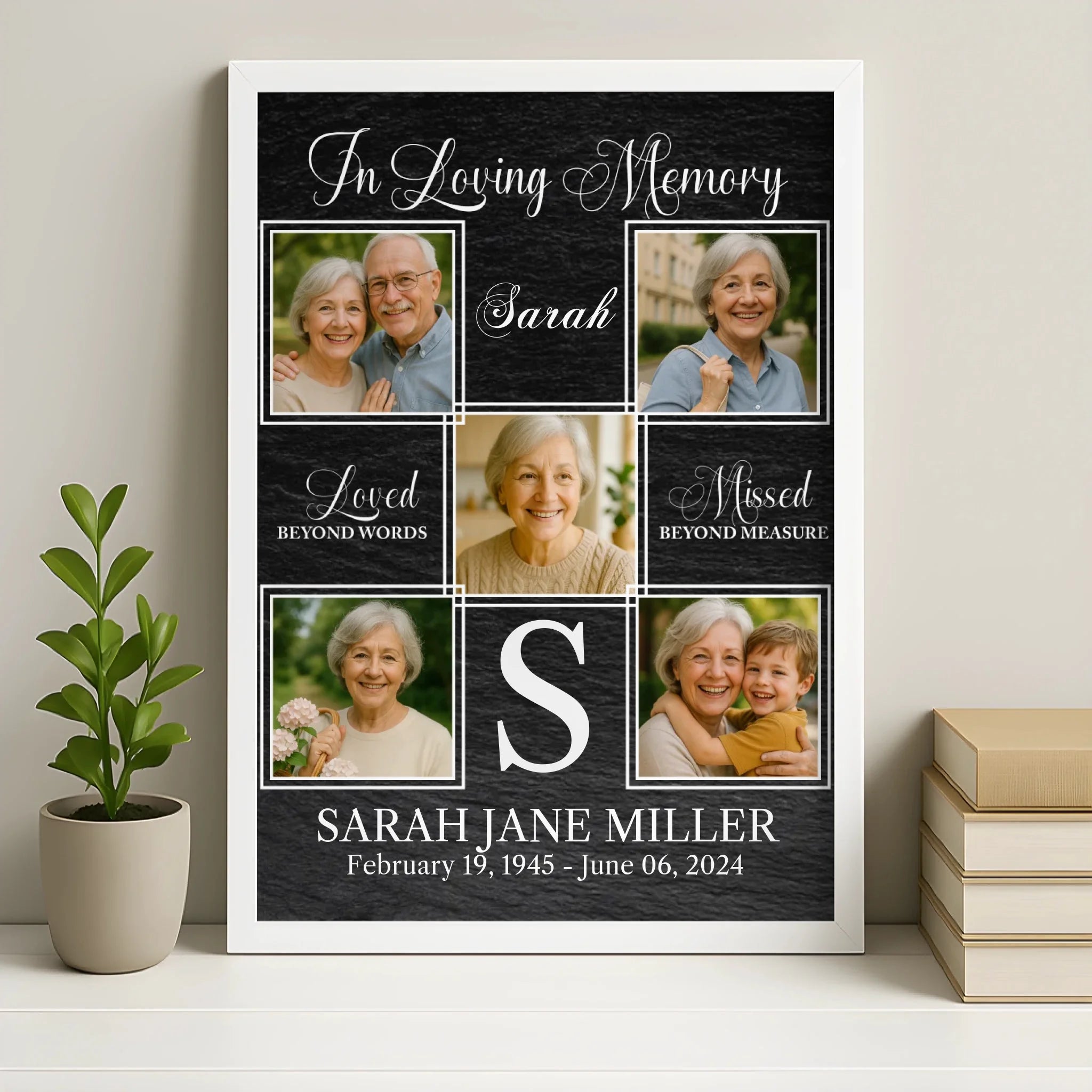 Personalised memorial photo collage frame in white finish