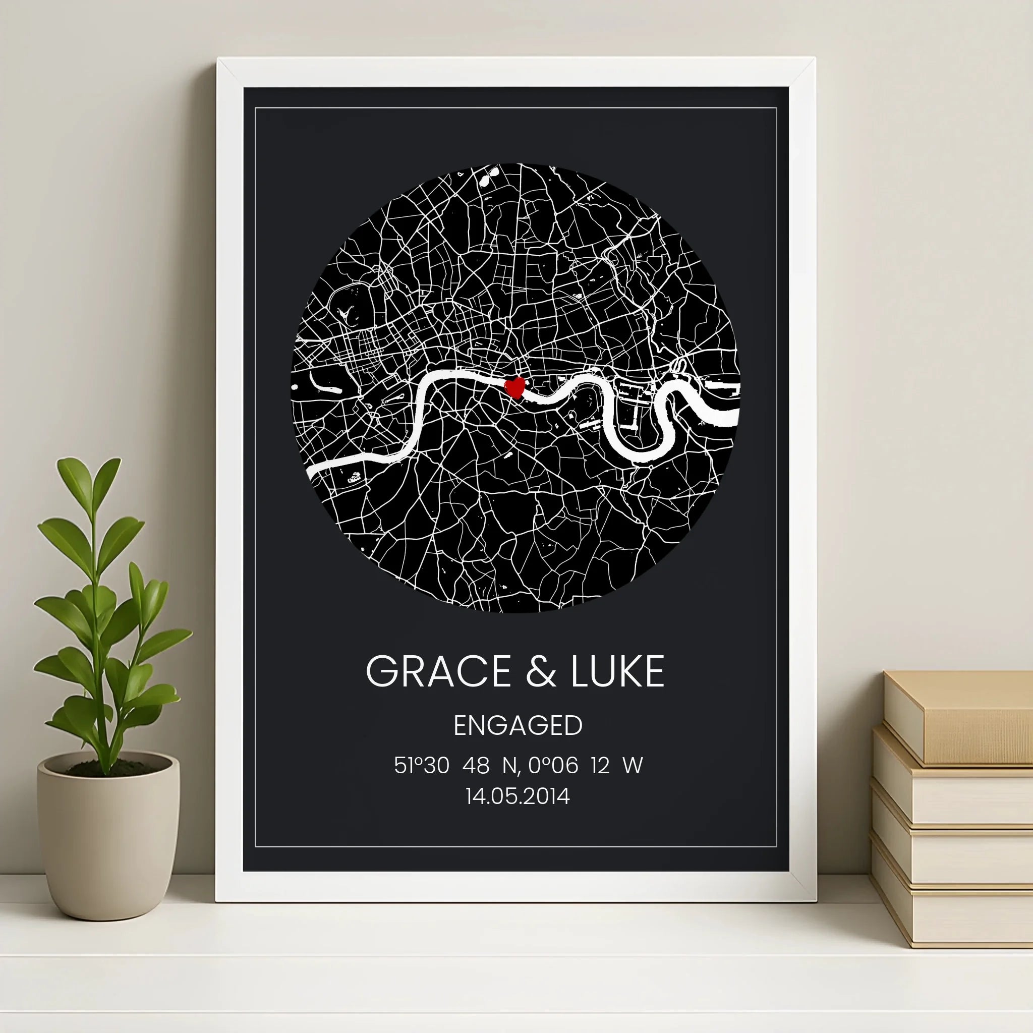 Personalised map print in a white frame with custom coordinates and date