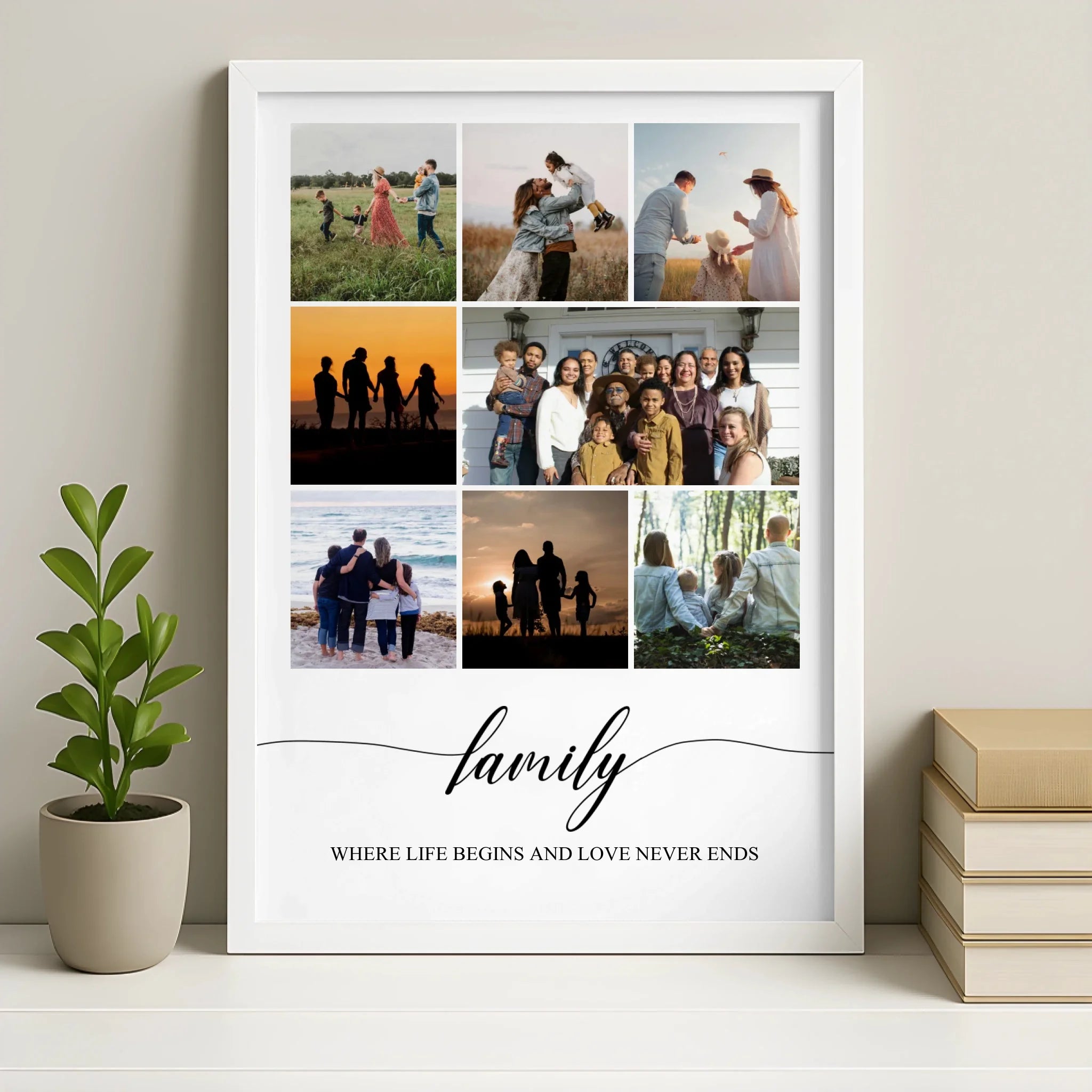 Personalised photo collage print in a white frame with 8 photos and custom quote
