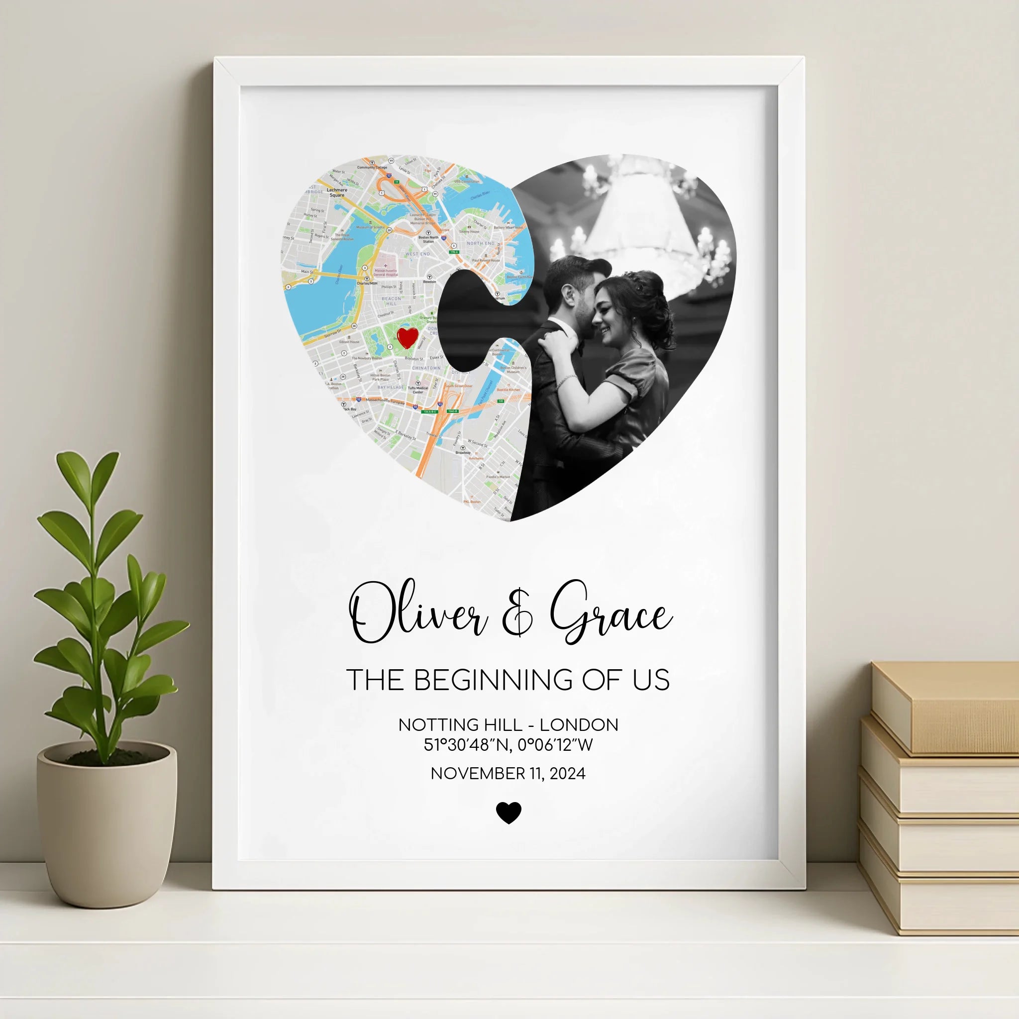 White framed personalised puzzle piece heart print with custom photo and map design