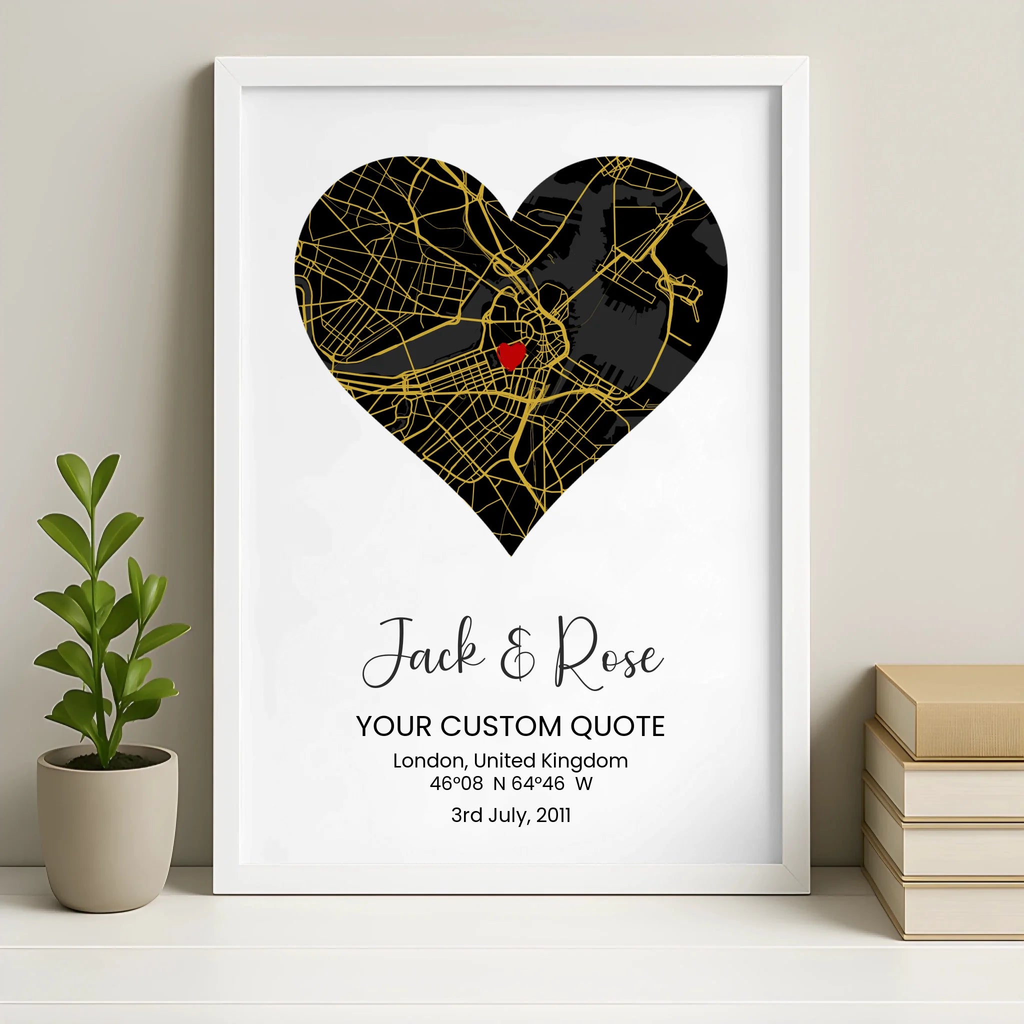 Personalised heart map photo frame in white finish