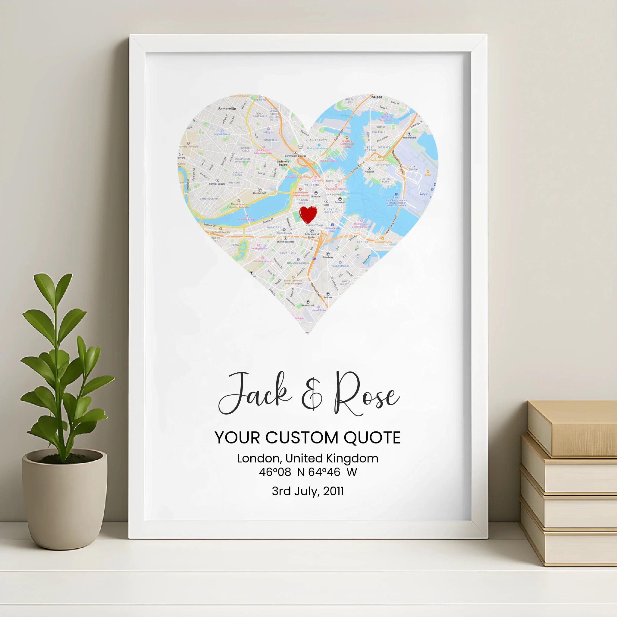 Personalised heart map print in a white frame