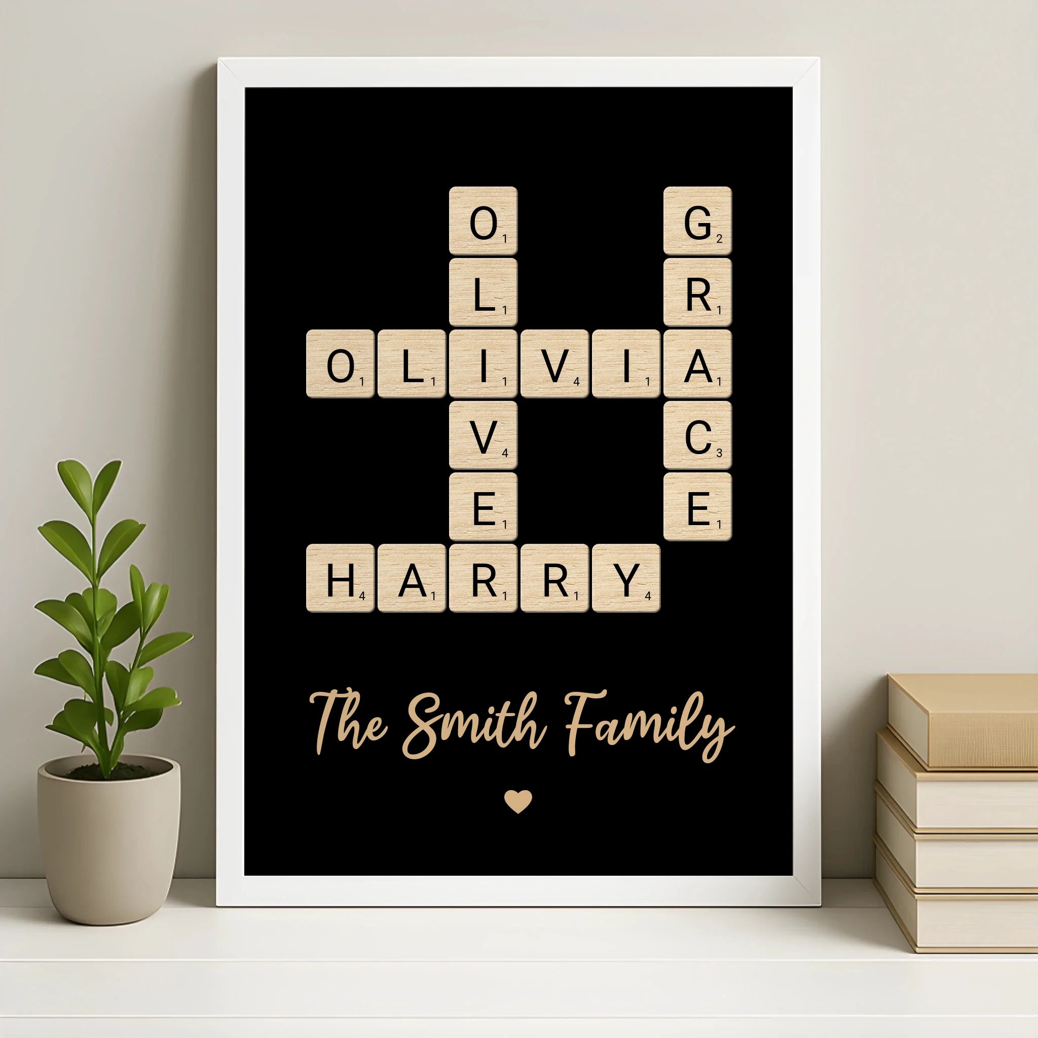 Personalised crossword name print in a white photo frame