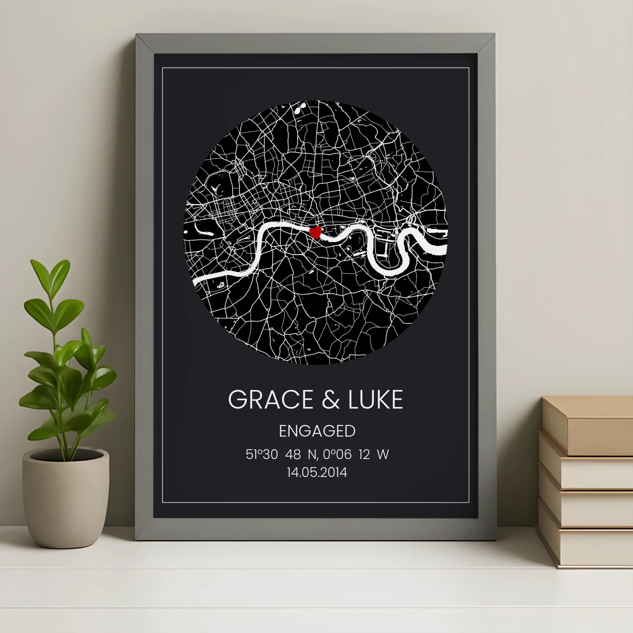 Custom map location print in a grey frame personalised with names and a special date